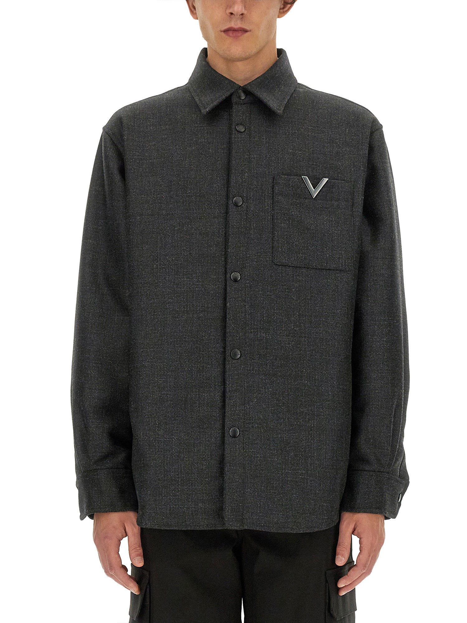 Shop Valentino Shirt Jacket With V Detail In Grey