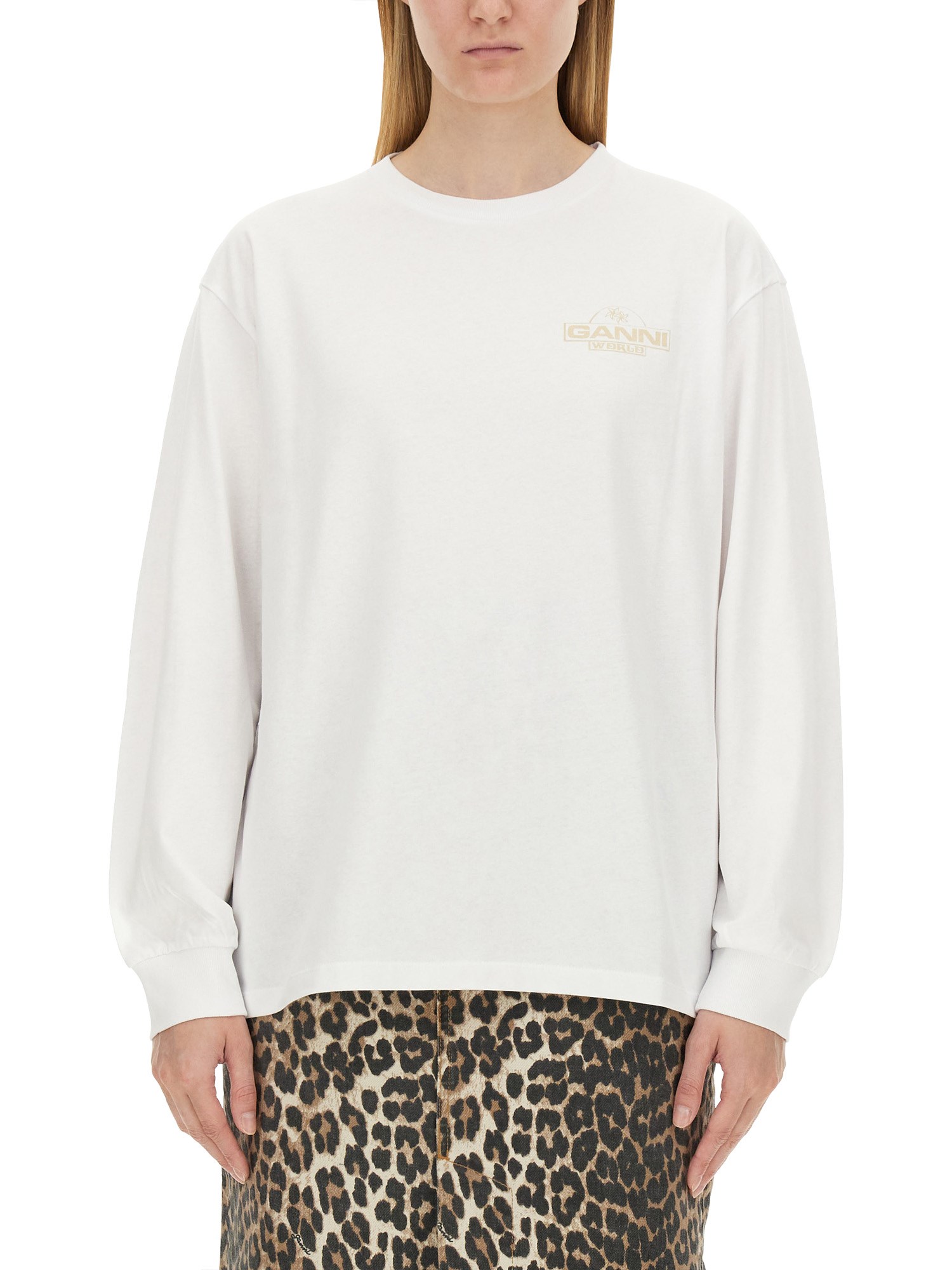 Ganni Future Heavy Jersey Palm Long Sleeve Tee Bright White In White