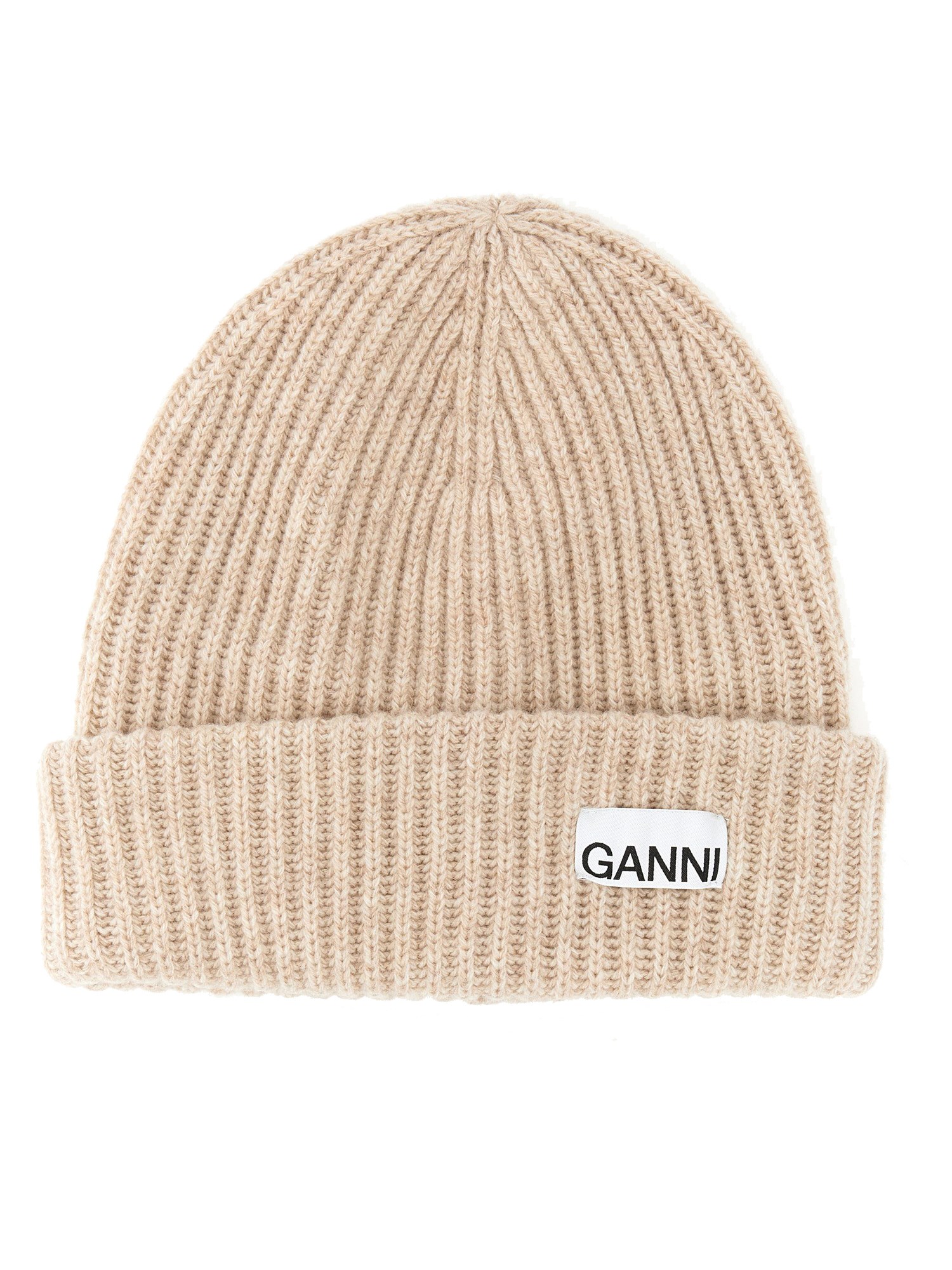 Ganni Beige Fisherman Rib Beanie With Logo Patch In Wool Blend Woman In Beige