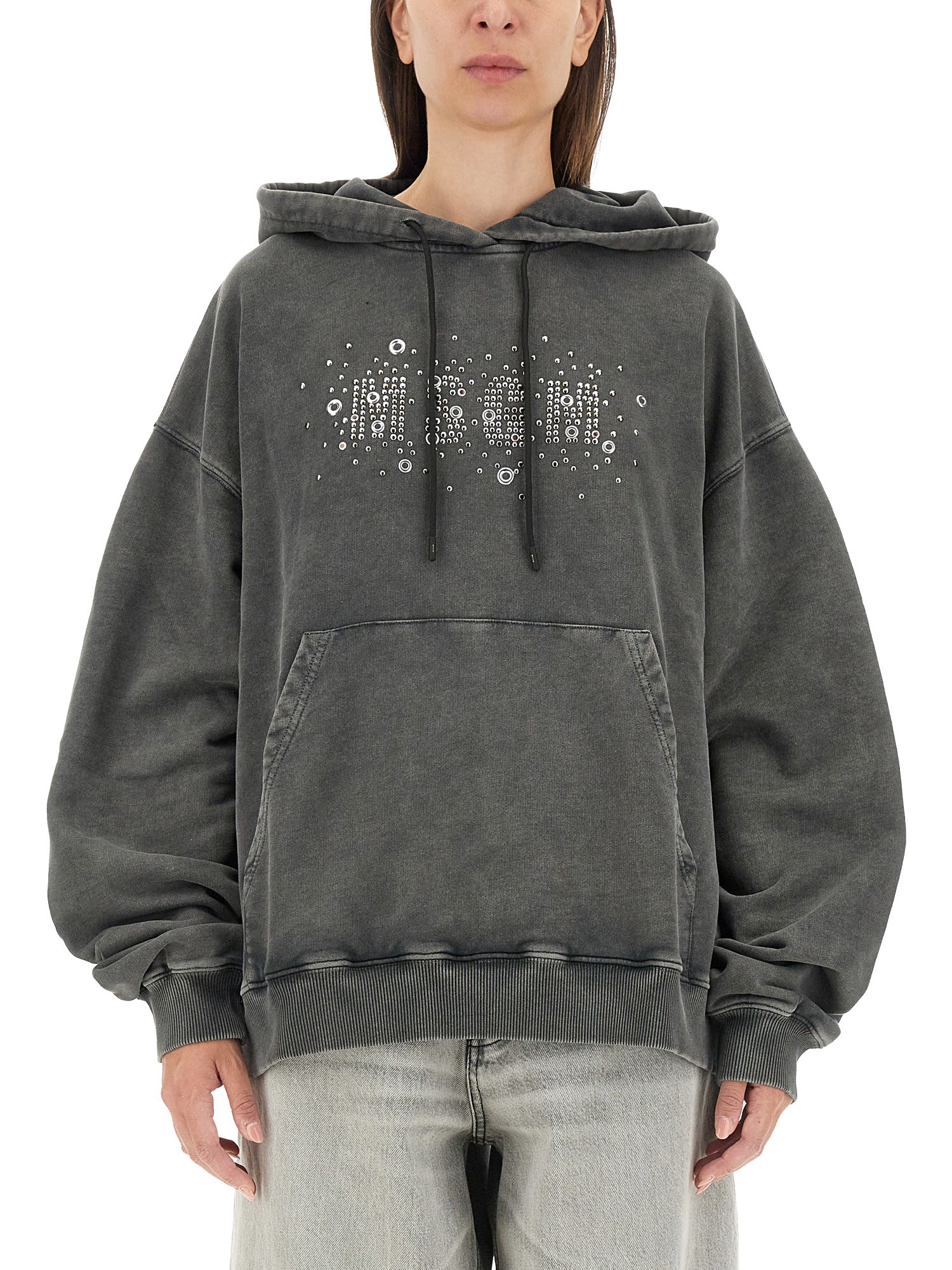 Msgm Embellished Cotton Jersey Logo Hoodie In Charcoal