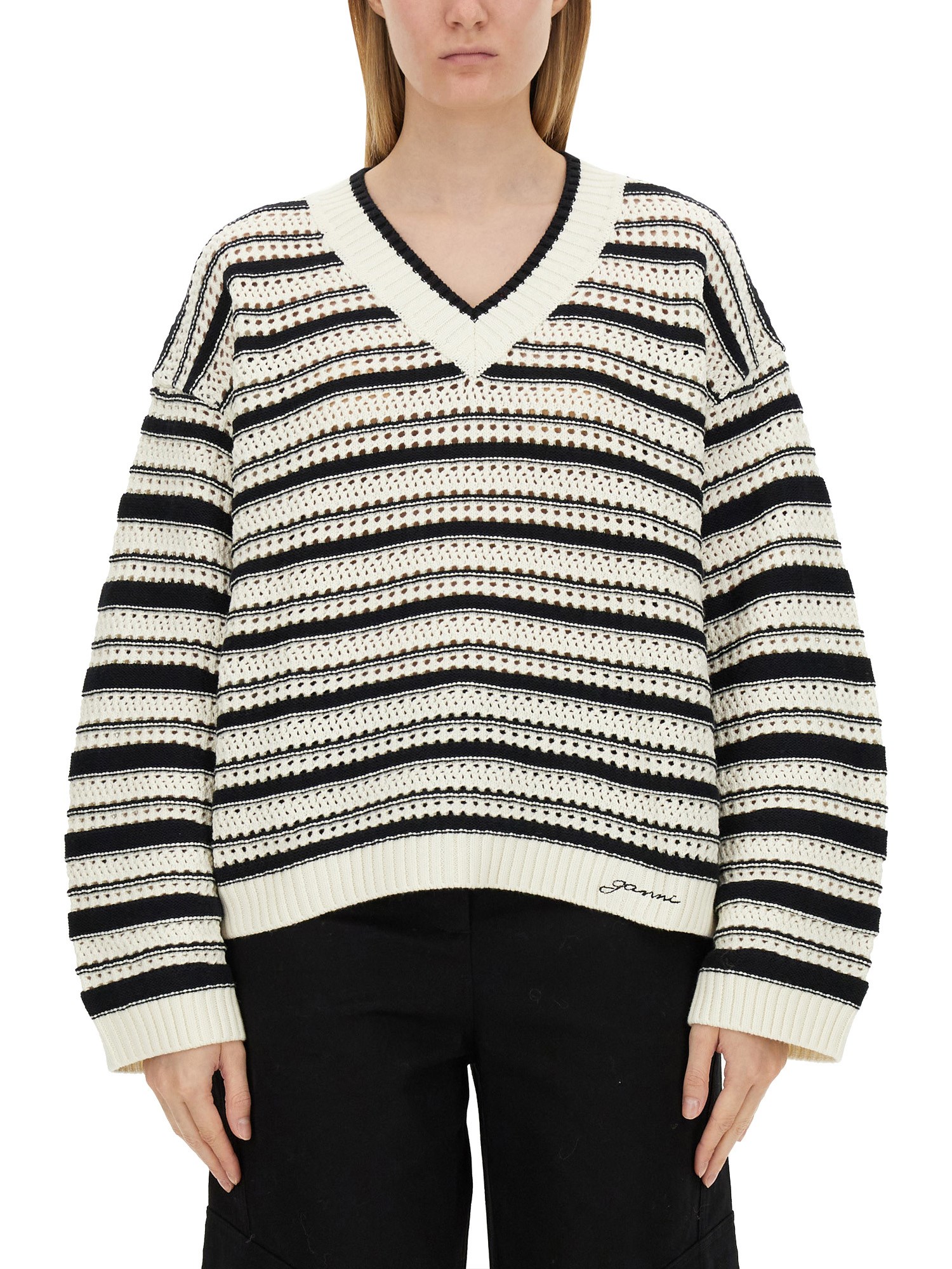 Ganni Gestreifter Pullover In Lochstrick In Multicolour