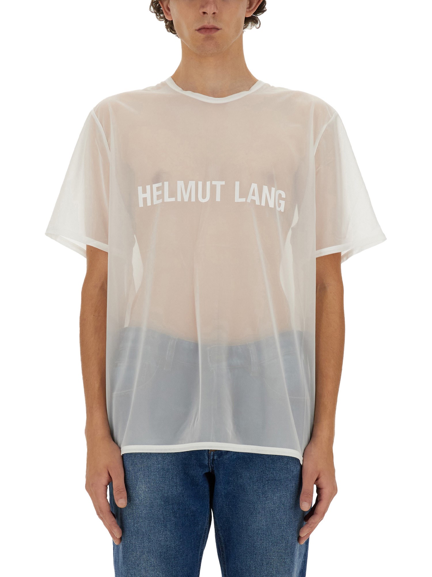 Helmut Lang Sheer White T-shirt With Bold Logo In White