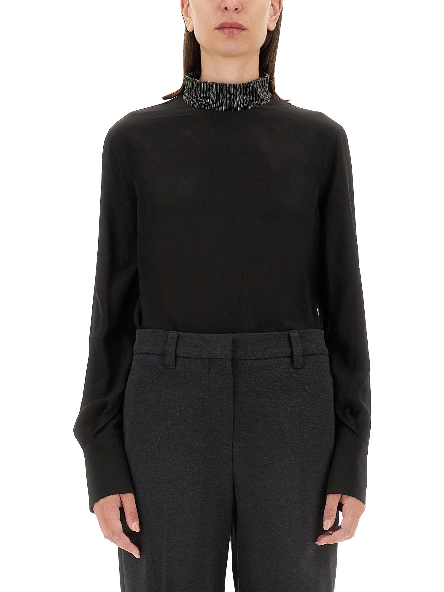 Shop Brunello Cucinelli Silk Crepe De Chine Blouse In Black