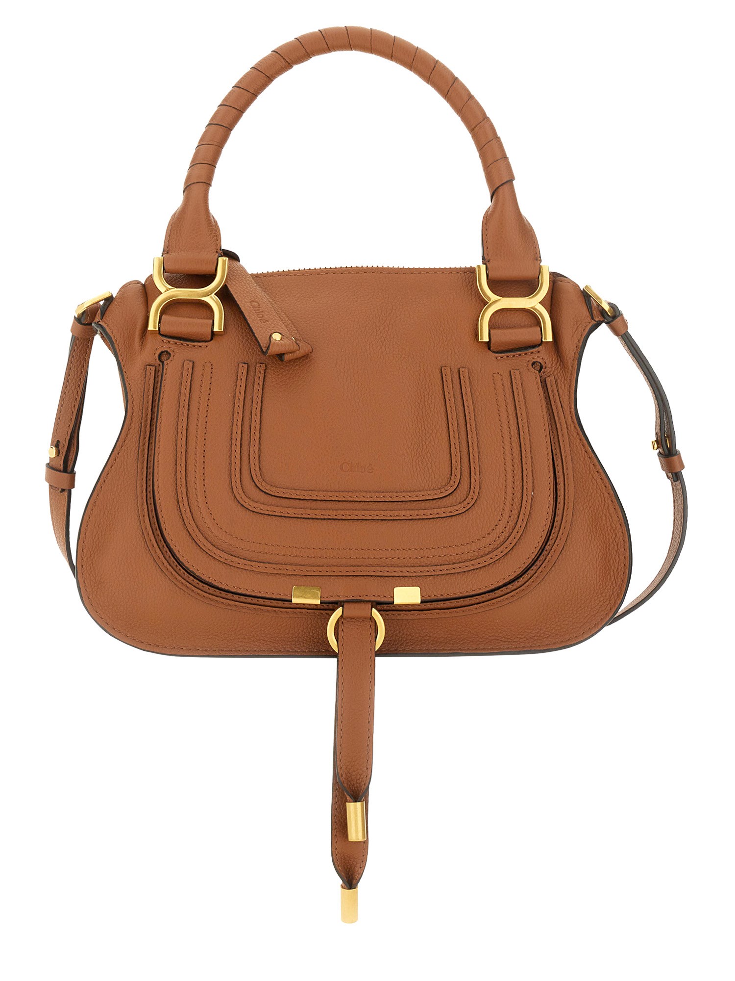 Chloé Marcie Small Double Carry Satchel Bag In Grained Leather In Buff