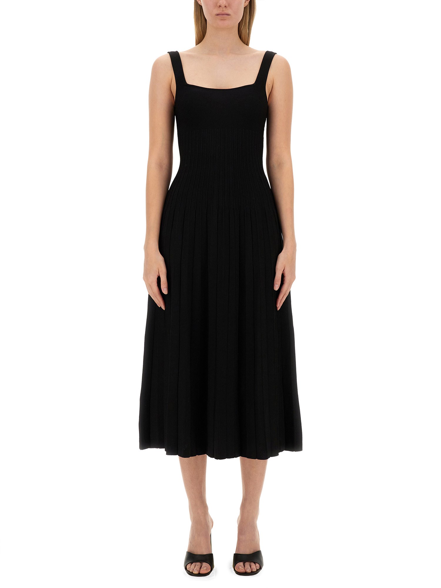 Staud Ellison Pleated Ribbed-knit Midi Dress In Black
