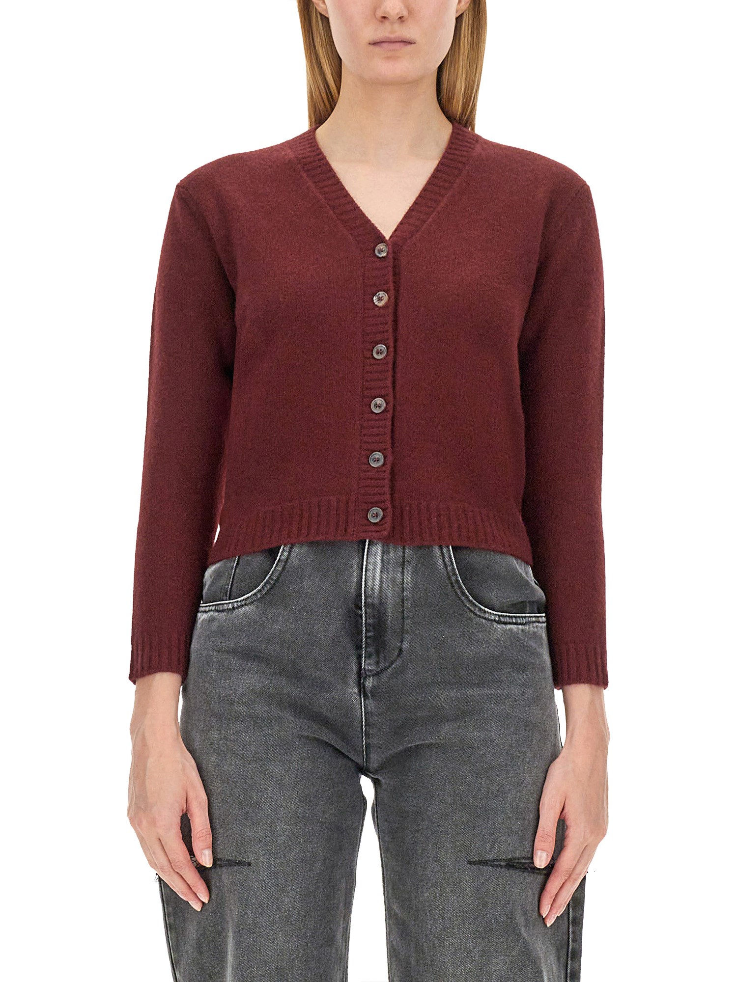 Shop Maison Margiela Wool Cardigan In Bordeaux