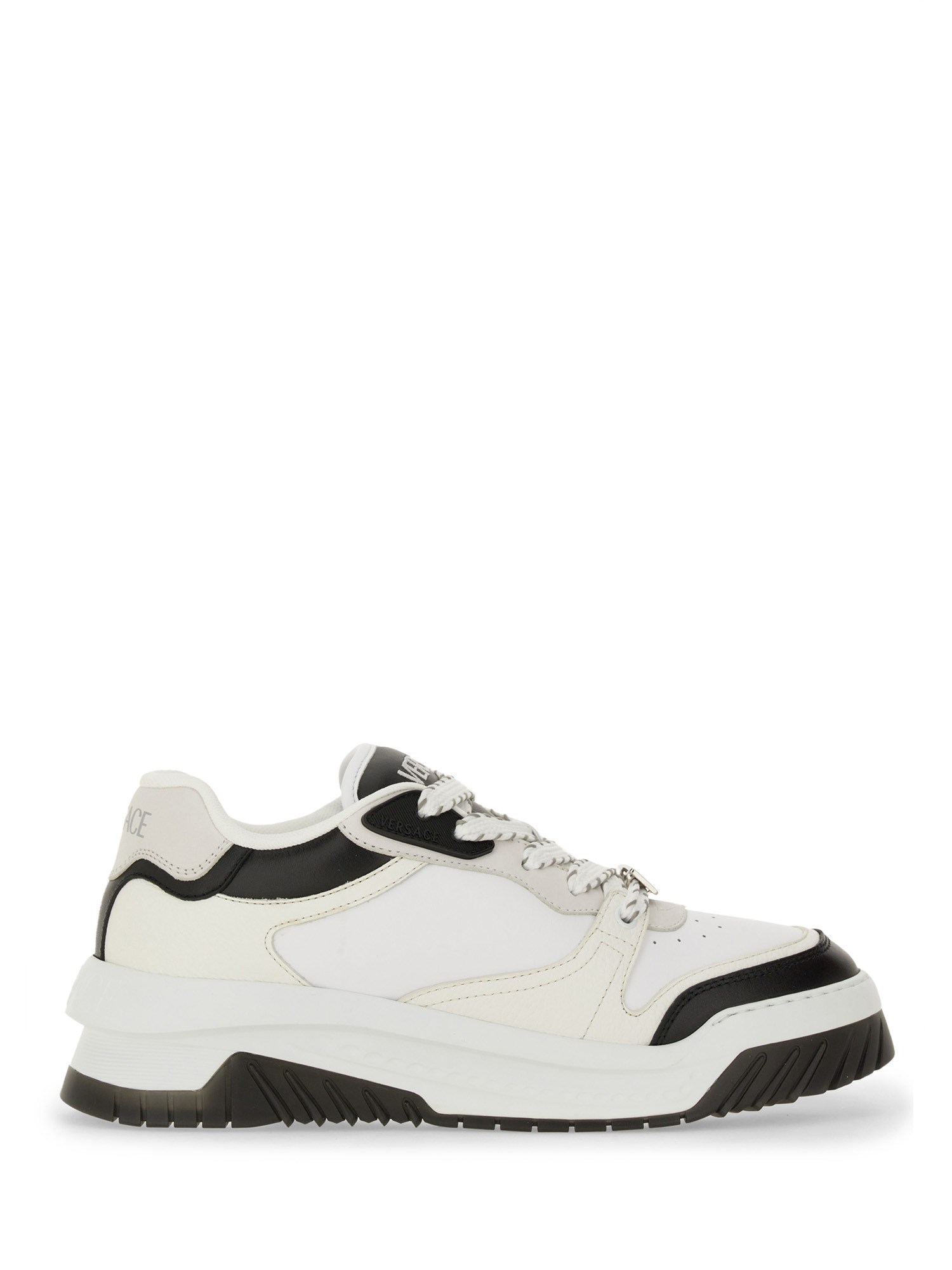 Versace White And Black Sneaker With Inserts And Chunky Sole In Leather Man In White