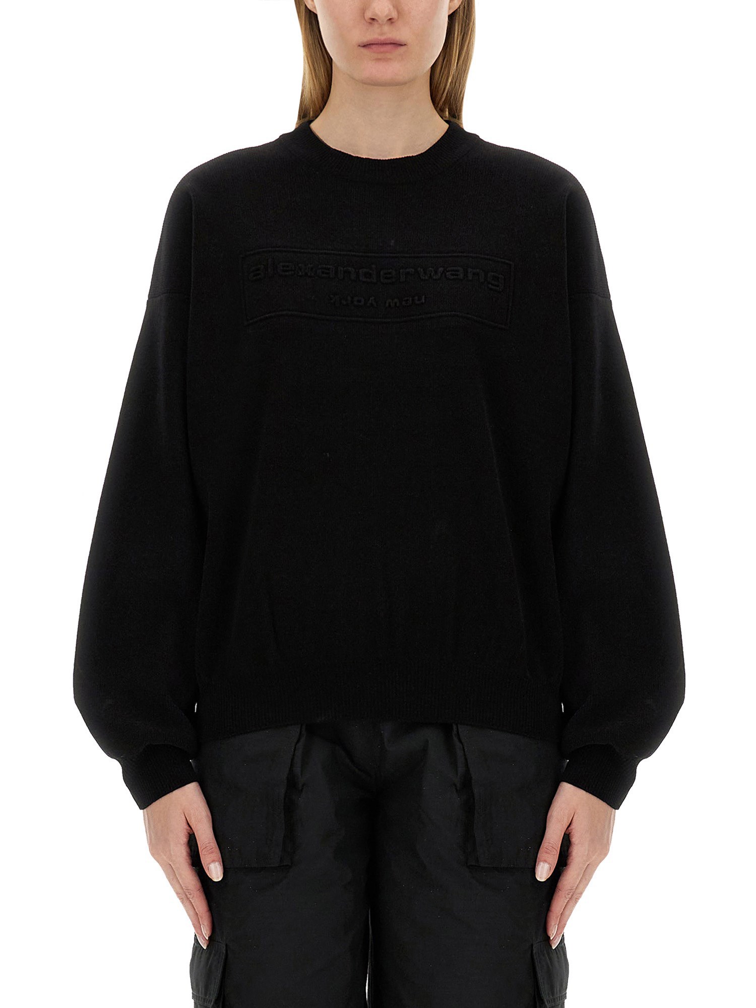 Alexander Wang Crew Neck Sweater With Embossed Logo In Black