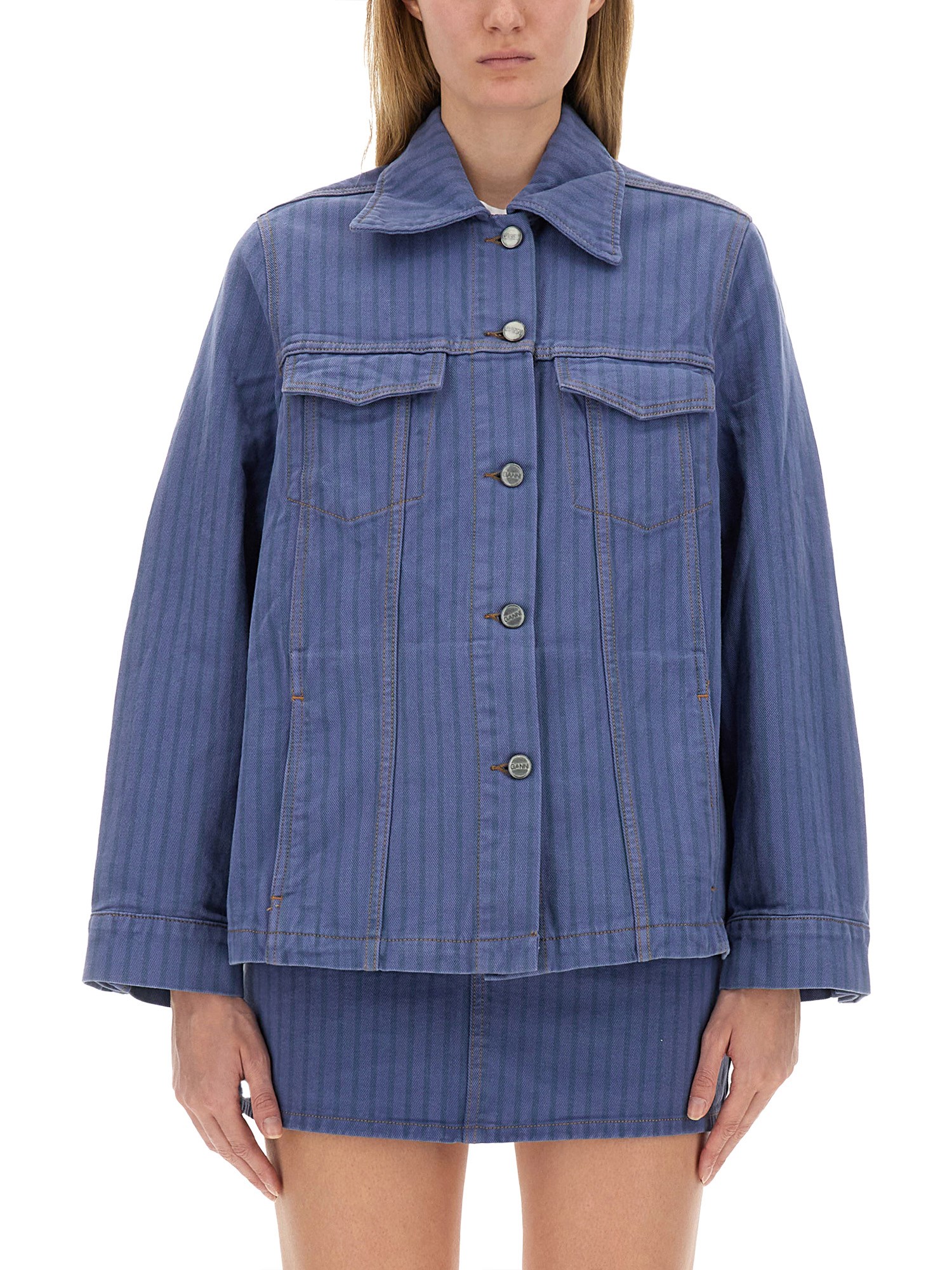 Ganni Stripe Overdyed Denim Jacket In Denim