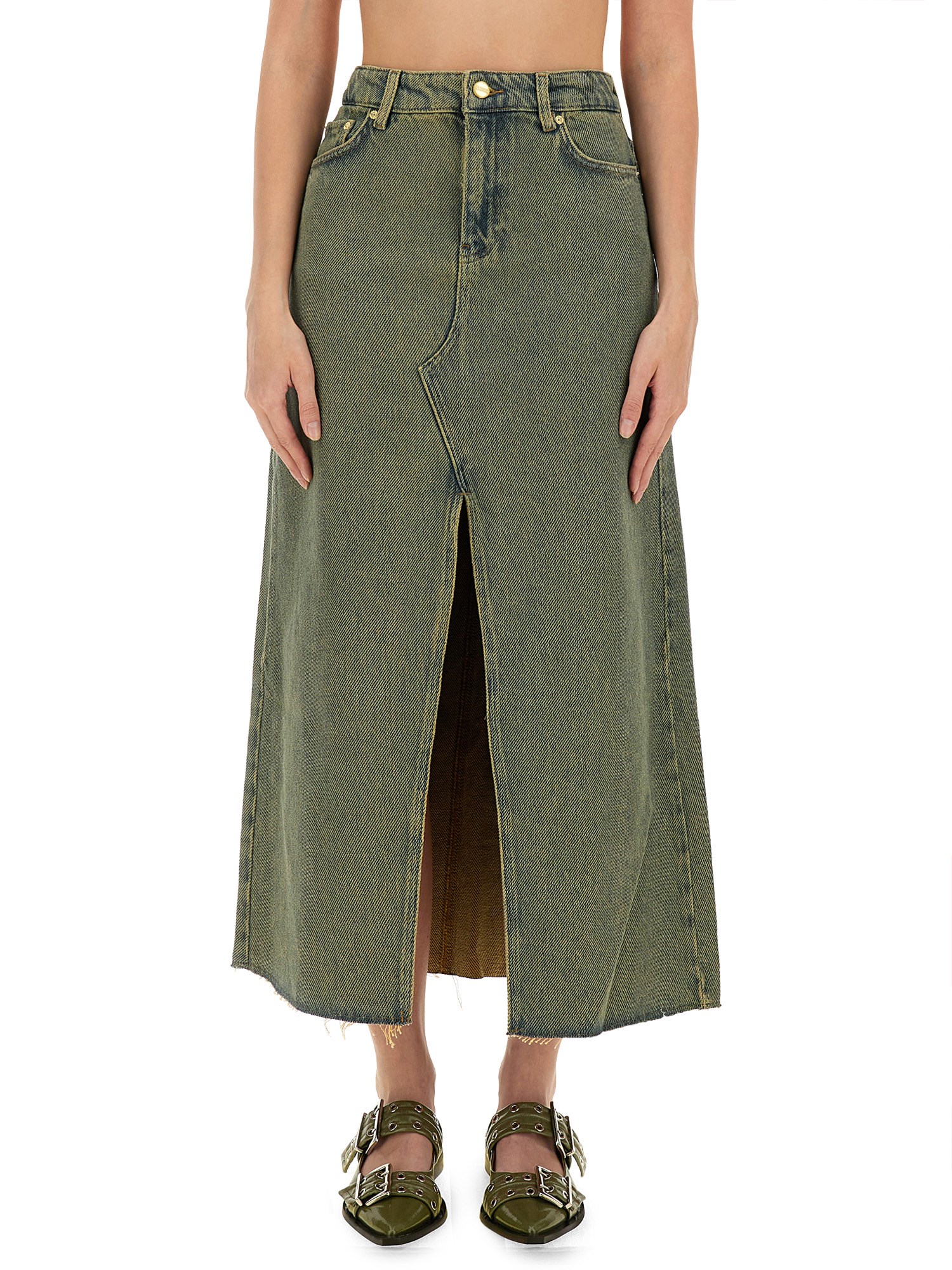 Ganni Maxi Grey Skirts With Slit At The Front In Denim Woman In Denim