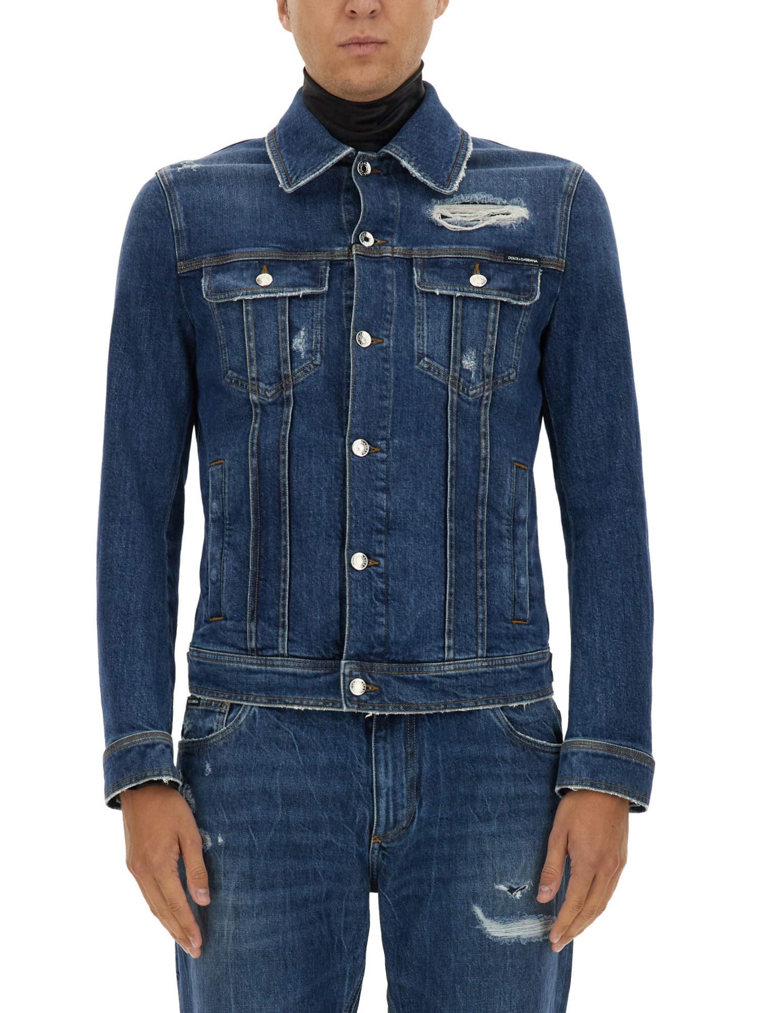Dolce & Gabbana Blue Jacket With Classic Collar And Rips In Denim Stretch Man In Denim