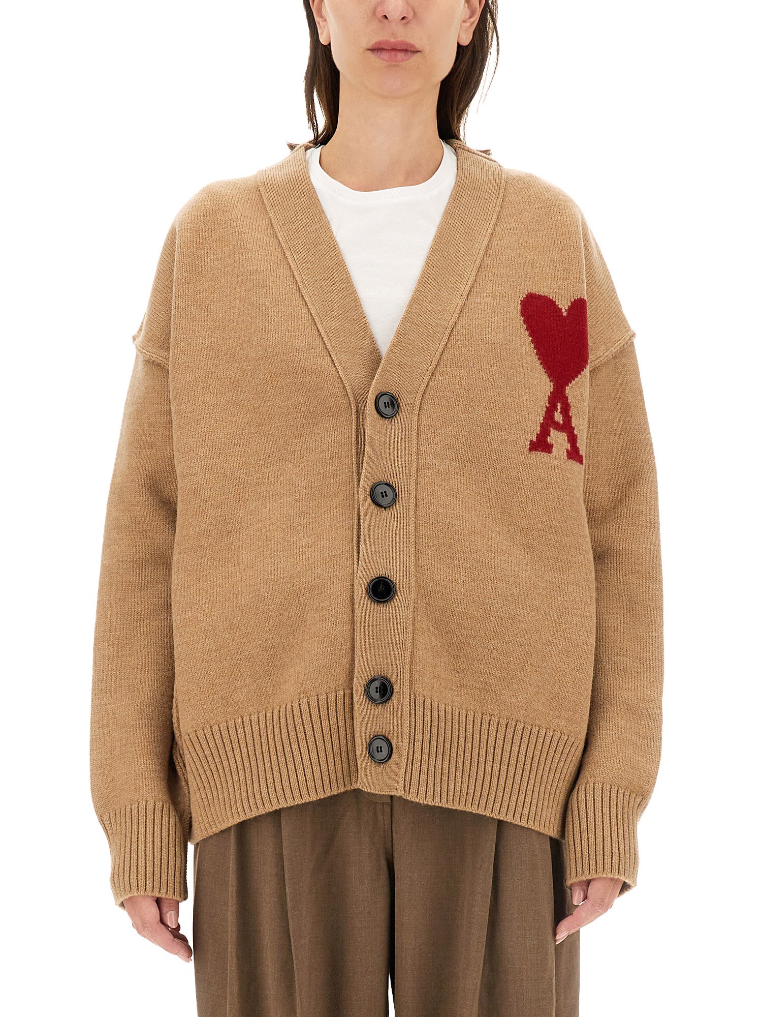 Shop Ami Alexandre Mattiussi Cardigan With Logo In Beige