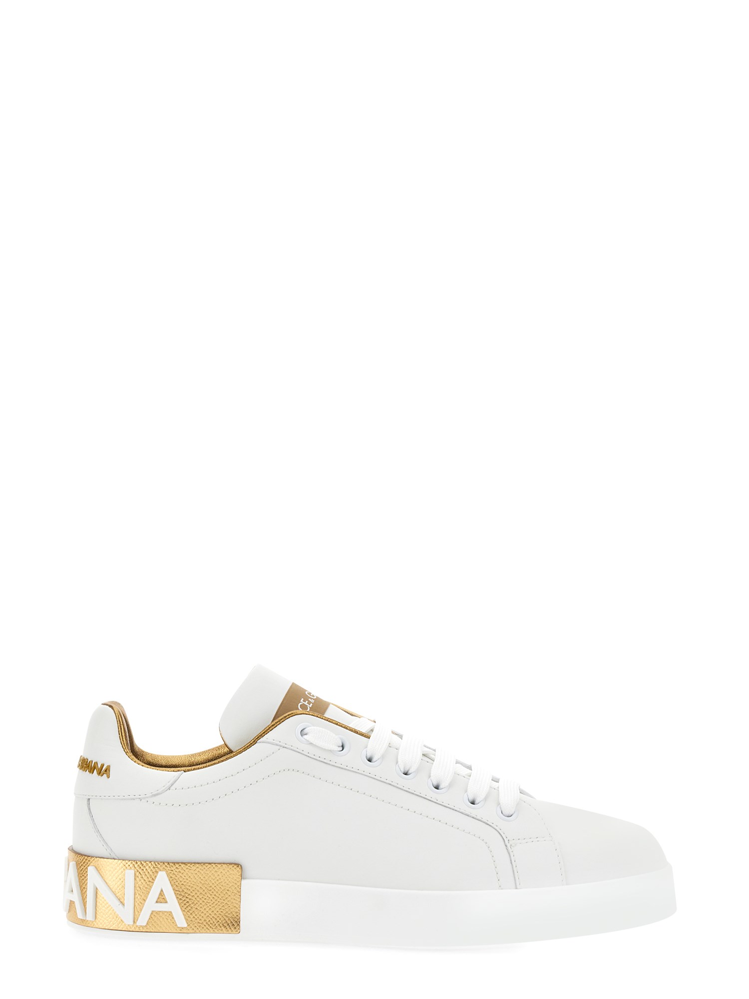 Dolce & Gabbana Portofino White And Gold Low Top Sneakers With Logo In Leather Woman In Gold