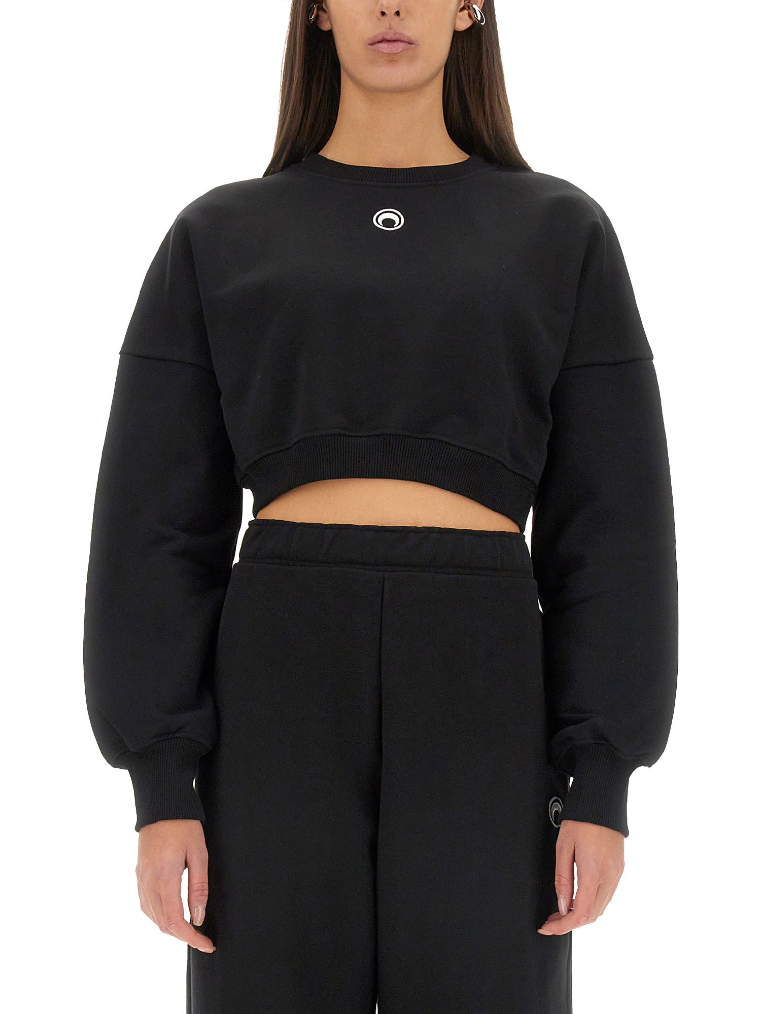 Marine Serre Logo Embroidery Cropped Sweatshirt - Women's - Regenerative Cotton/organic Cotton/recycled Cotton In Black