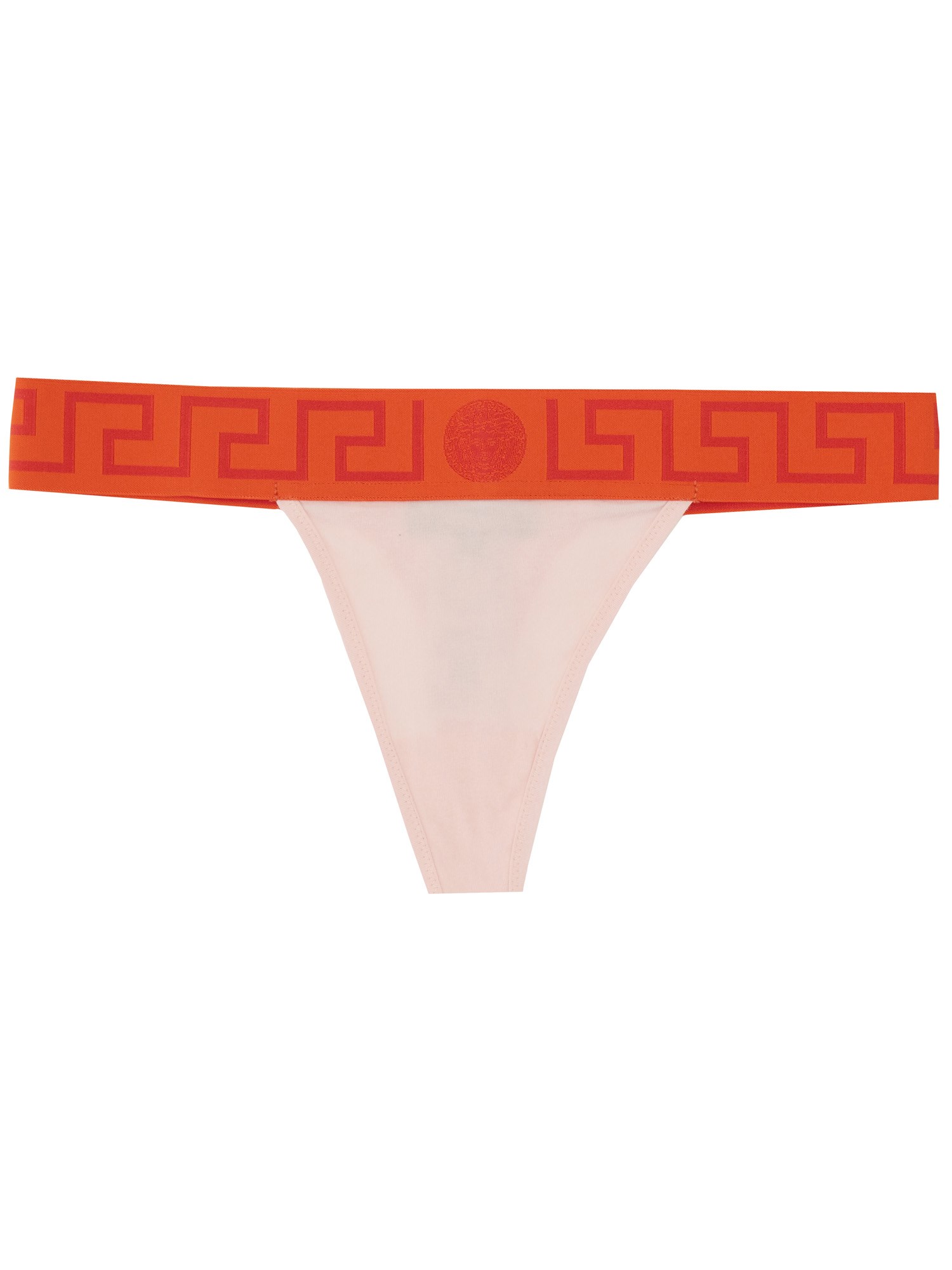 Shop Versace Thong With Greek Border In Pink