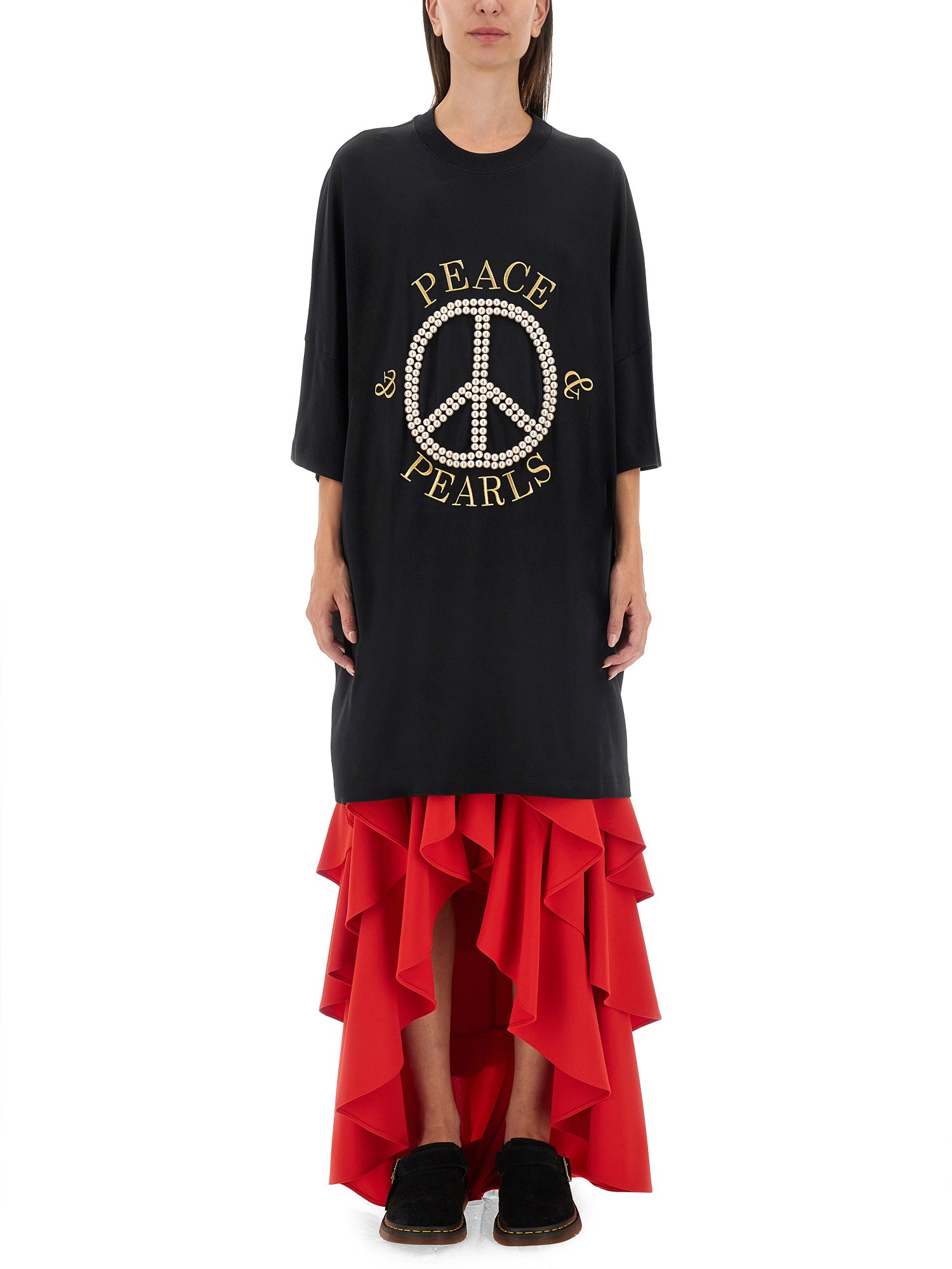 Shop Moschino Peace & Pearls Cotton Interlock Dress In Black