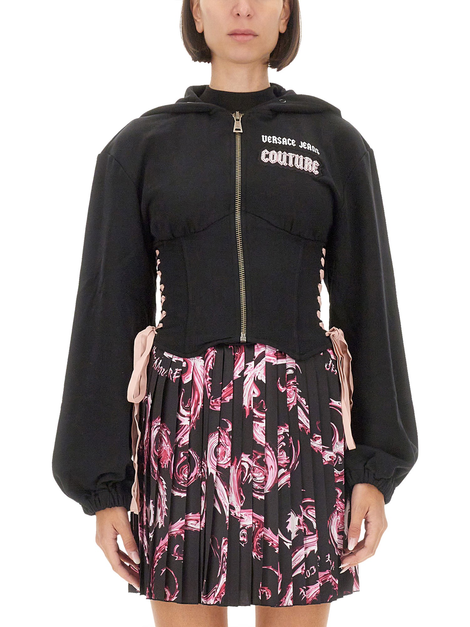 Versace Jeans Couture Zip-up Black Sweatshirt With Laced Side Design In Black