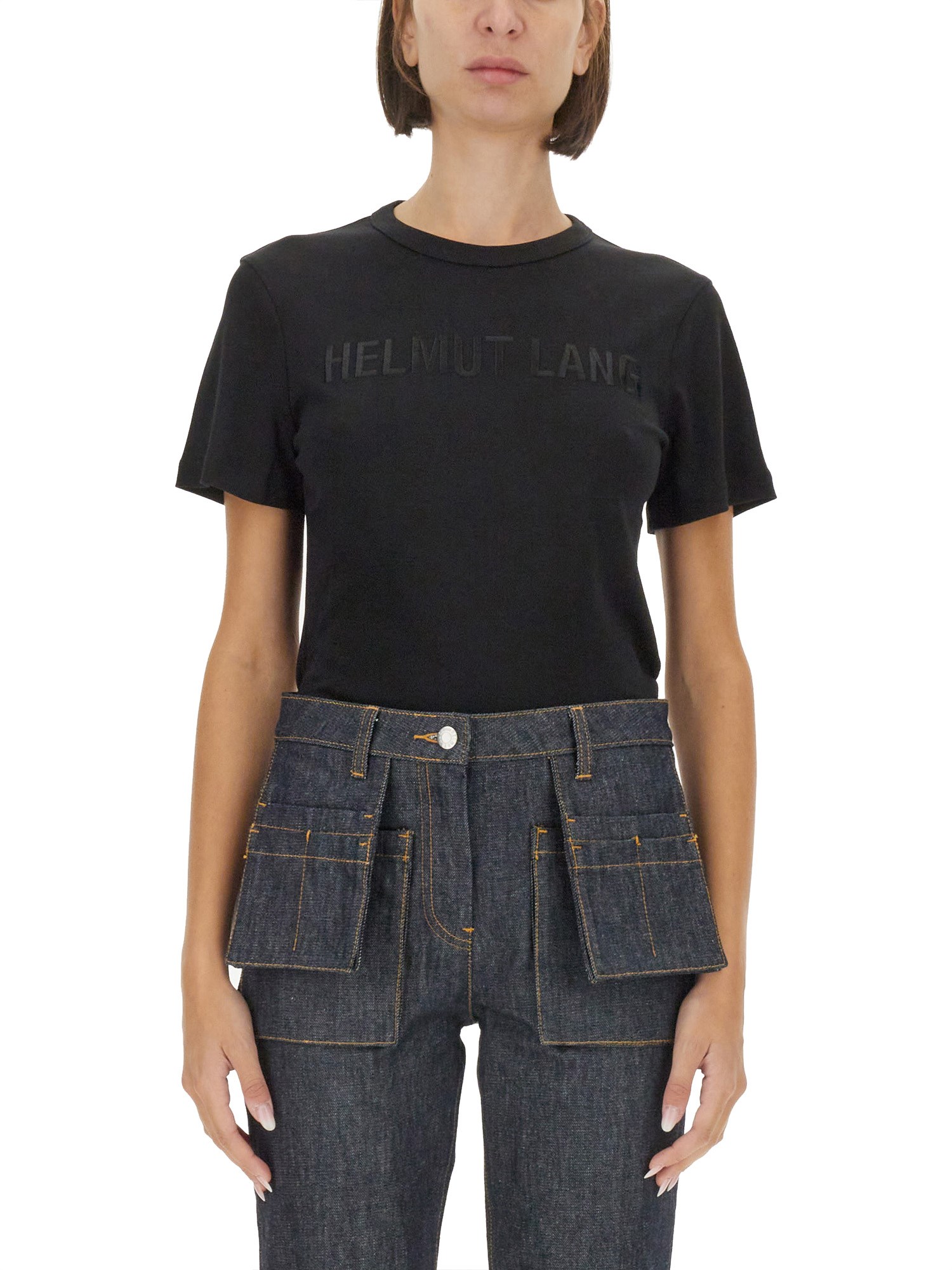 Helmut Lang Logo Embroidered Crew Neck Short Sleeve Top In Black