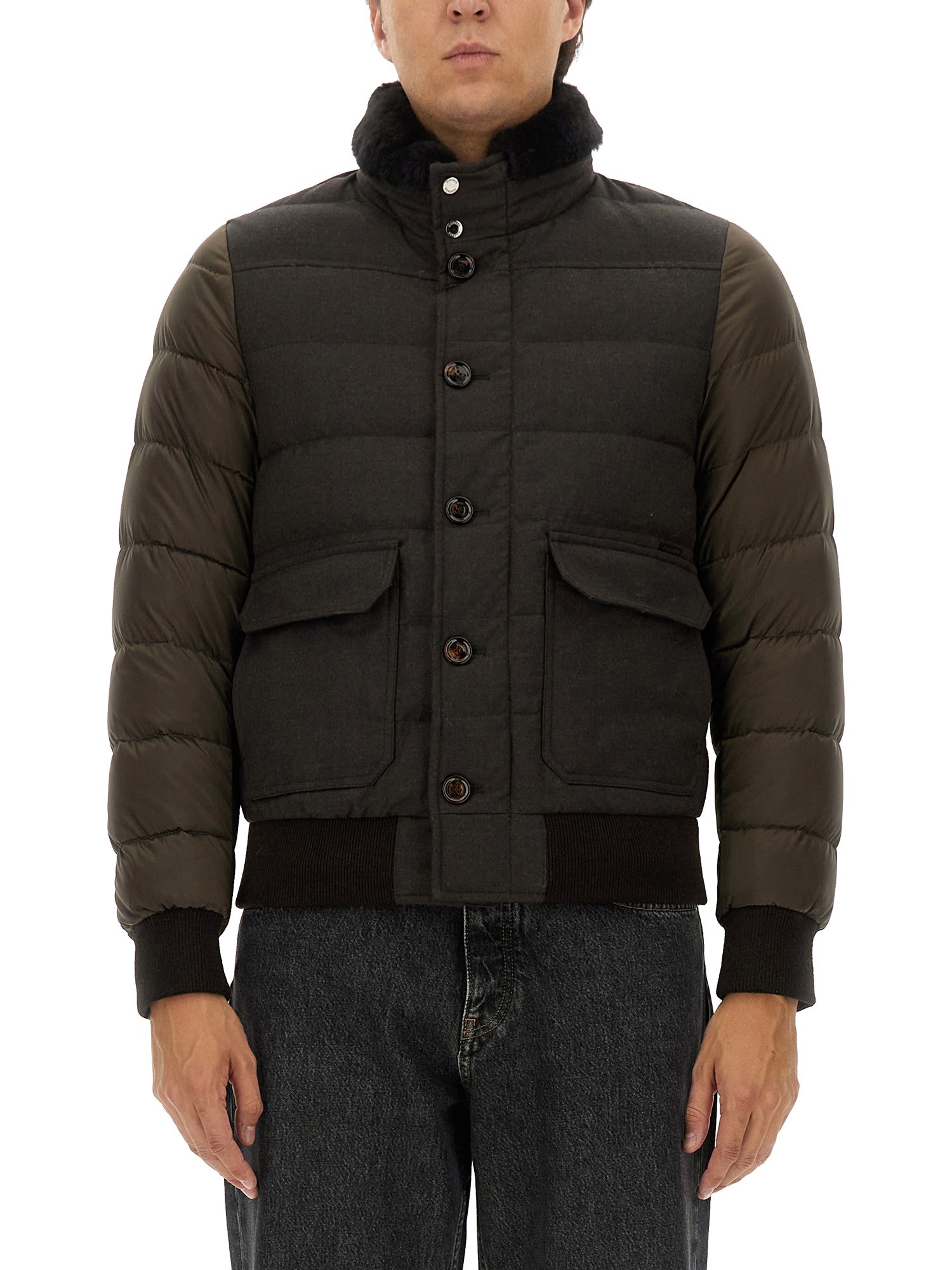 Moorer Quilted High Collar Jacket With Front Pockets In Military Green