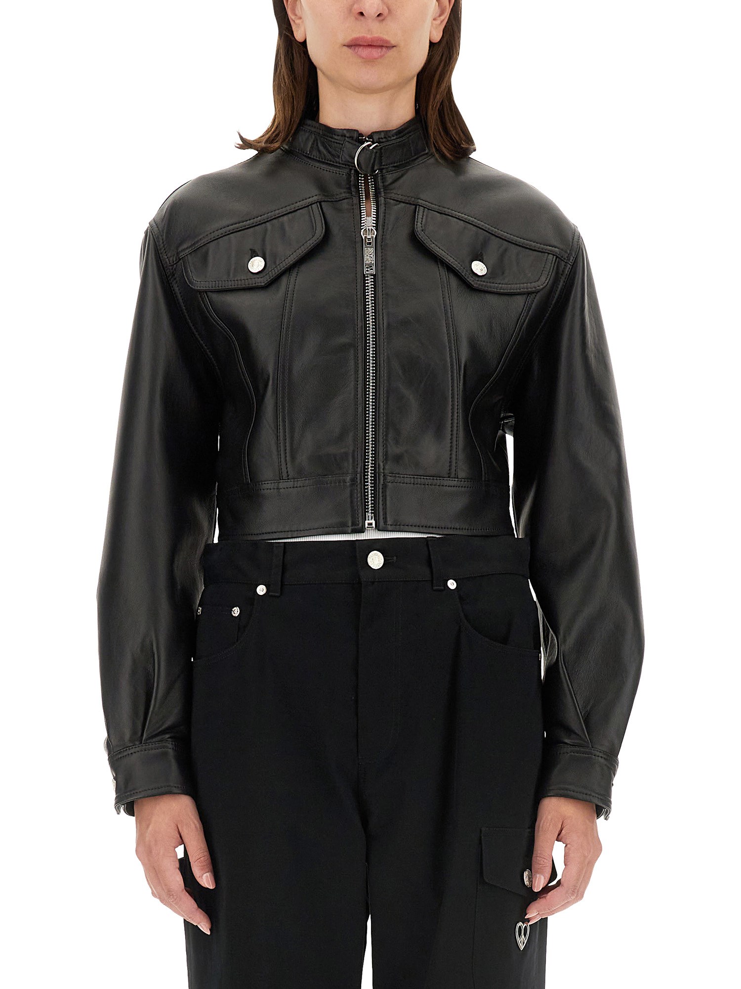 Shop Moschino Jeans Biker Jacket In Black