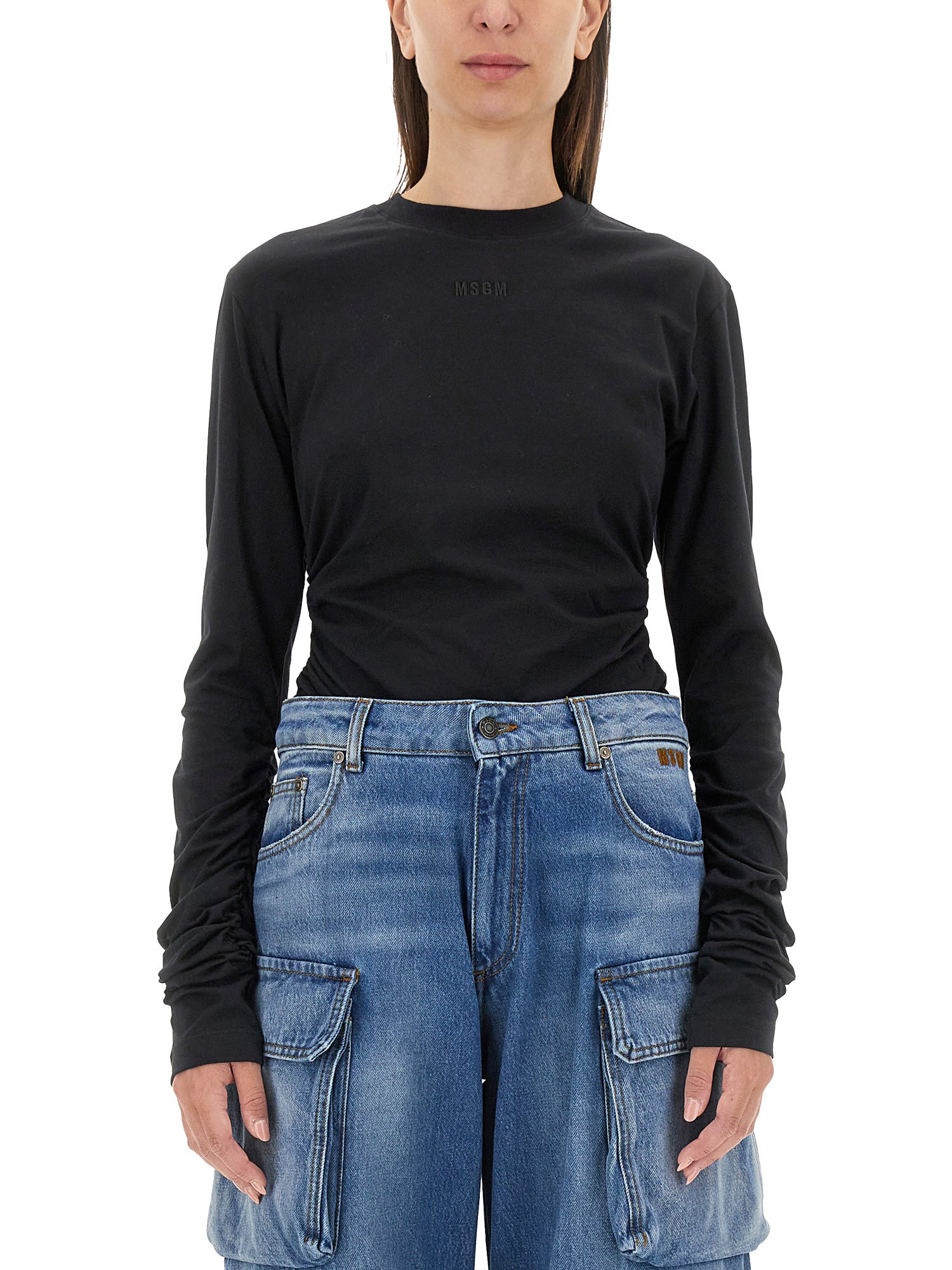 Shop Msgm T-shirt With Logo And Ruffles In Black