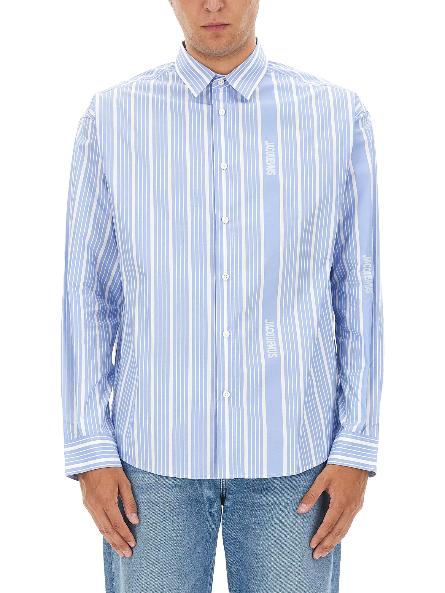 Jacquemus Simon Light Blue Shirt With All-over Stripe Motif And Logo Lettering In Cotton Man In Azure