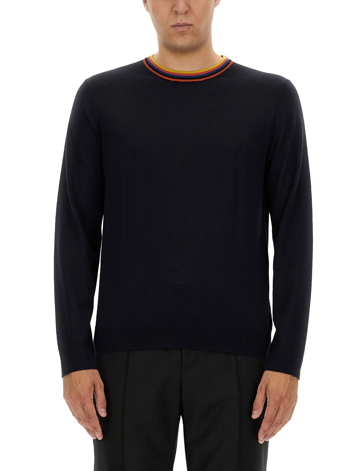 Paul Smith Lightweight Wool Crewneck Sweater With Ribbed Trim In Blue