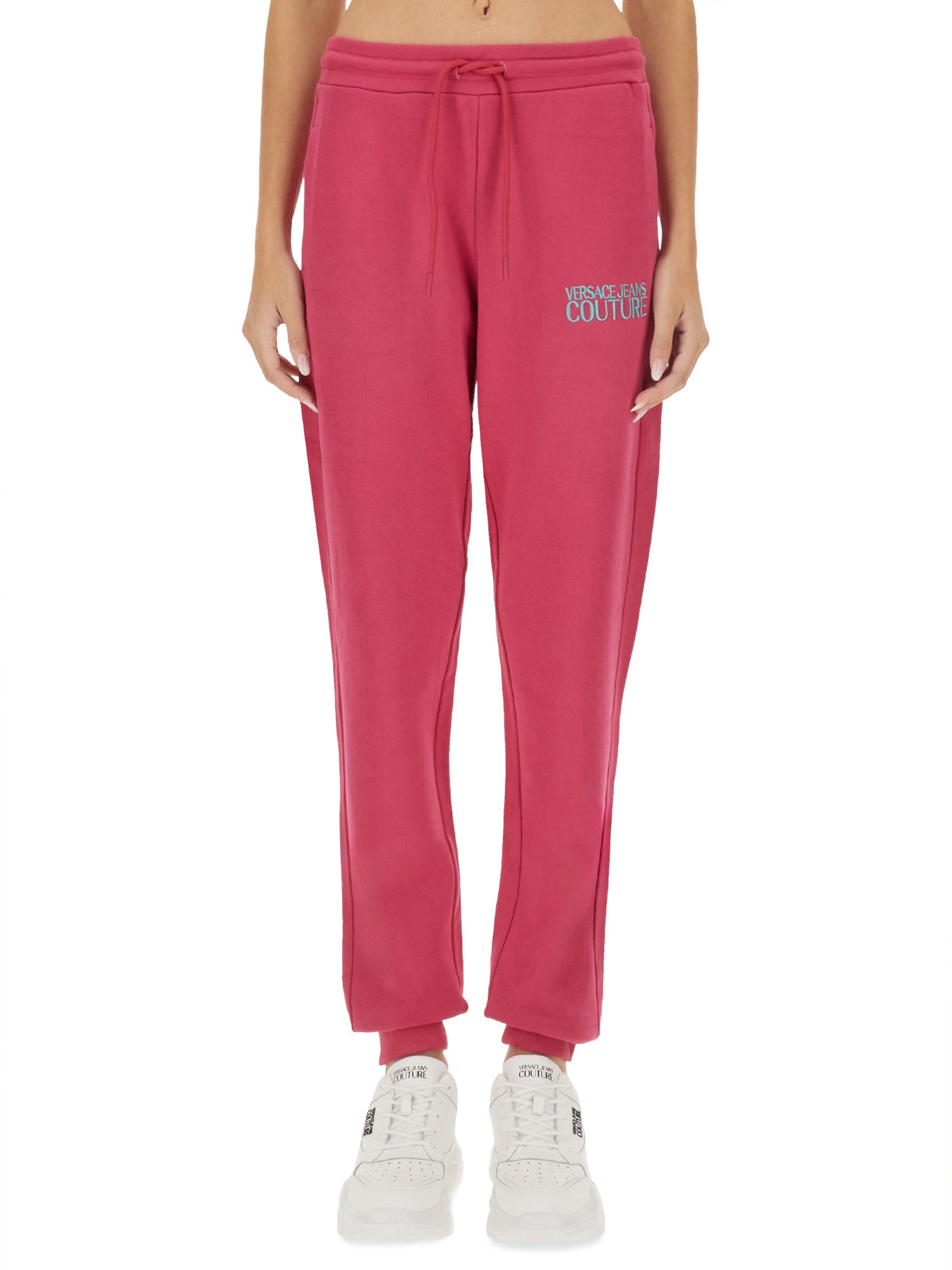 Shop Versace Jeans Couture Jogging Pants With Logo In Fuchsia