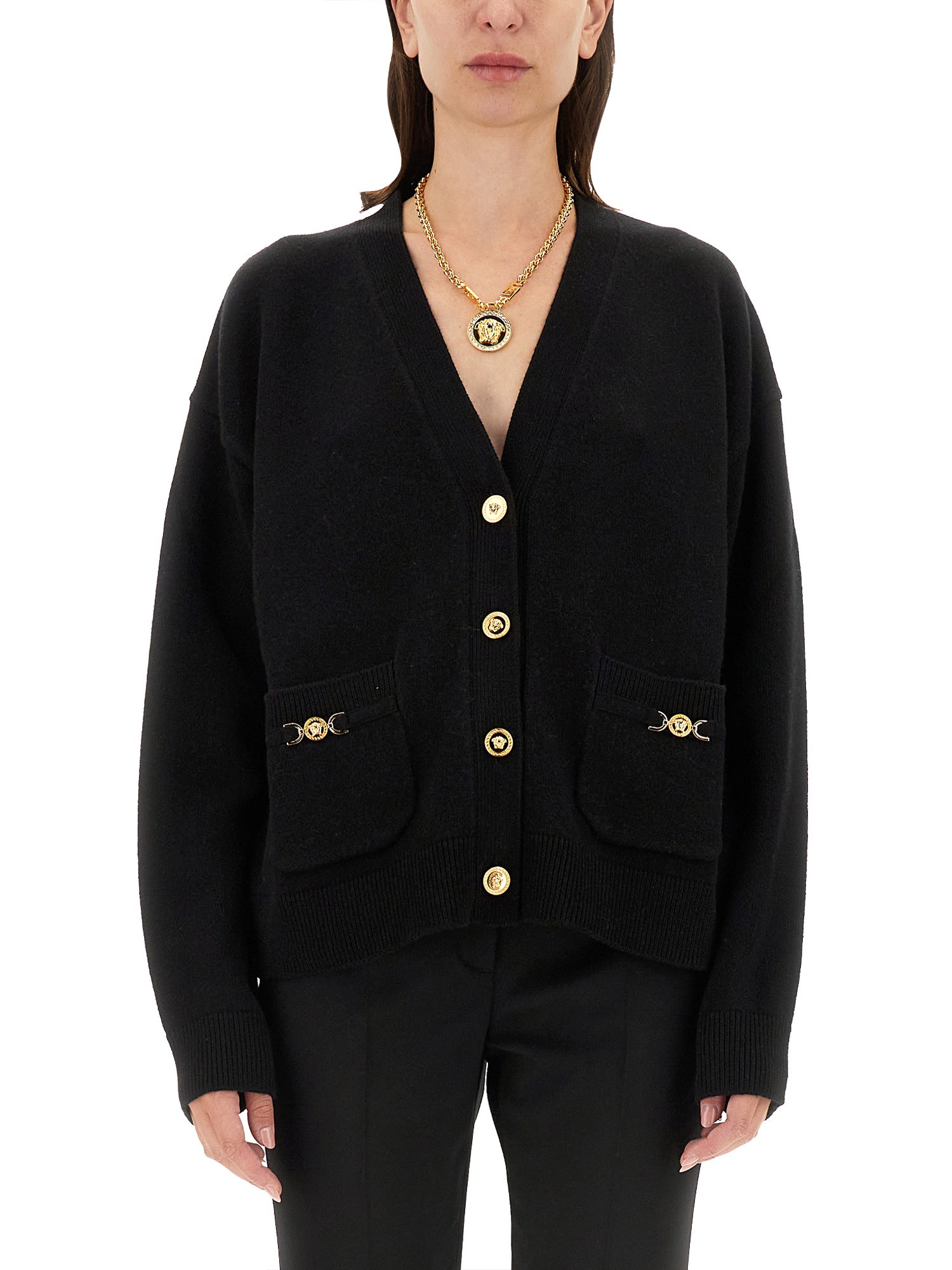 Shop Versace Cashmere Blend Knit Boxy Cardigan In Black