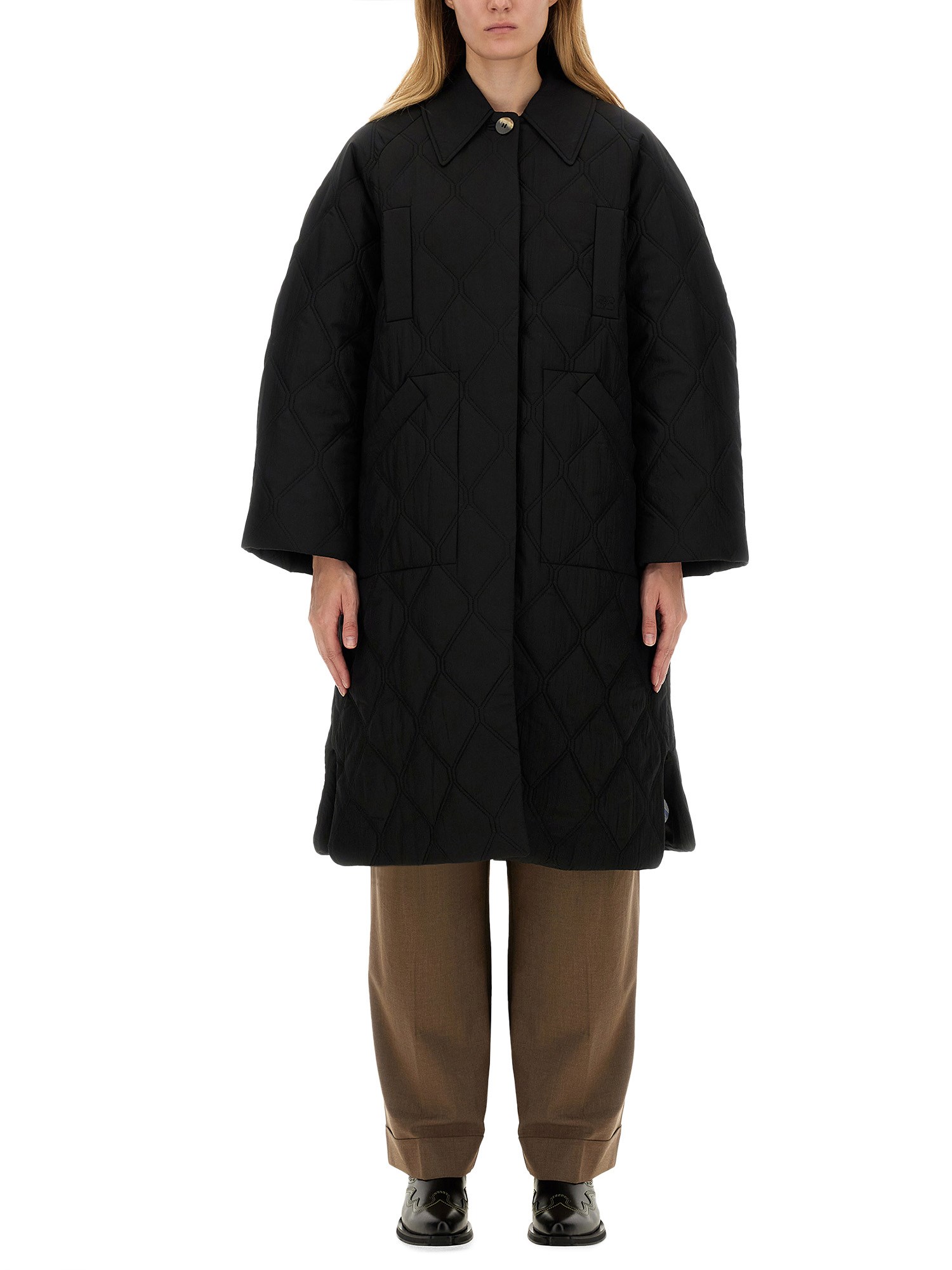 Shop Ganni Coat With Raglan Sleeve In Black