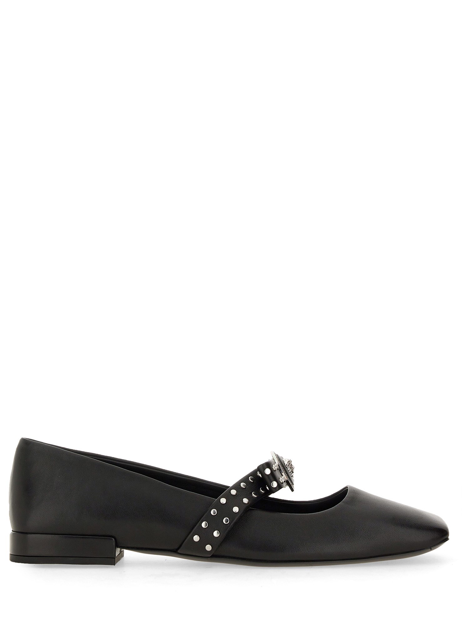 Versace Gianni Ribbon Leather Ballerina Flats With Studded Bow In Black