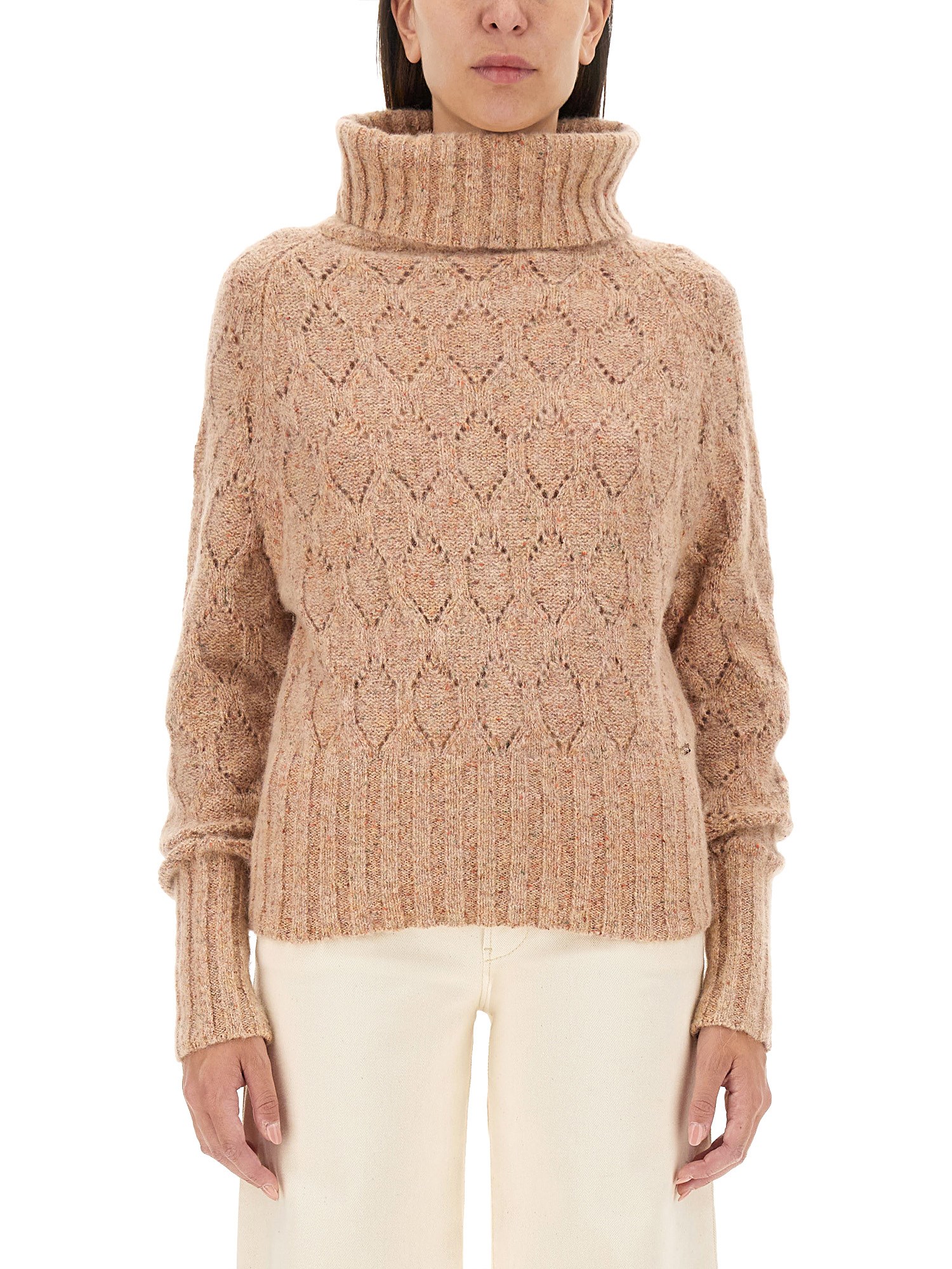 Kiton Textured Turtleneck Sweater With Ribbed Hem In Brown