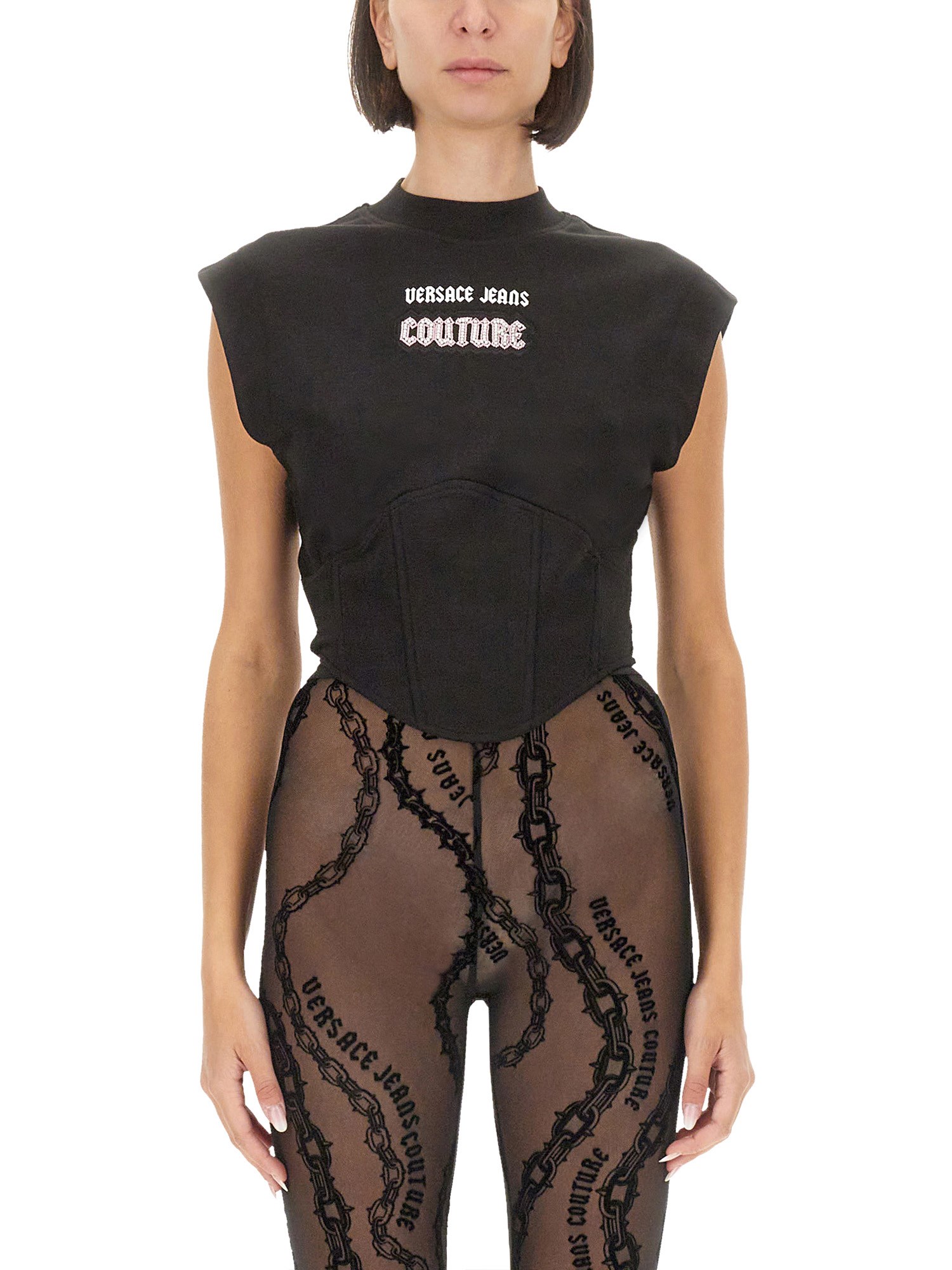 Versace Jeans Couture Slim-fit Top With Contrasting Logo Detail In Black