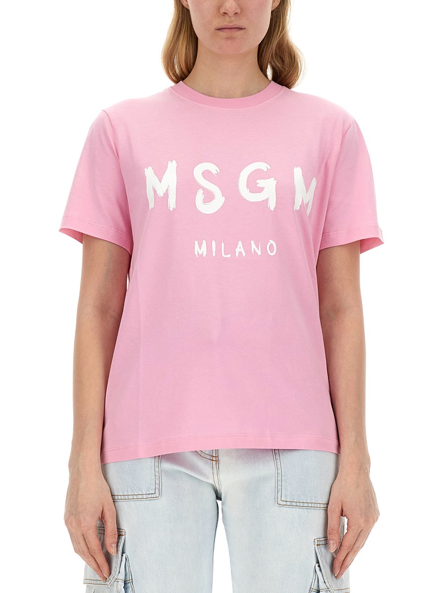 MSGM T-SHIRT GIROCOLLO IN JERSEY DI COTONE CON STAMPA LOGO PENNELLATO