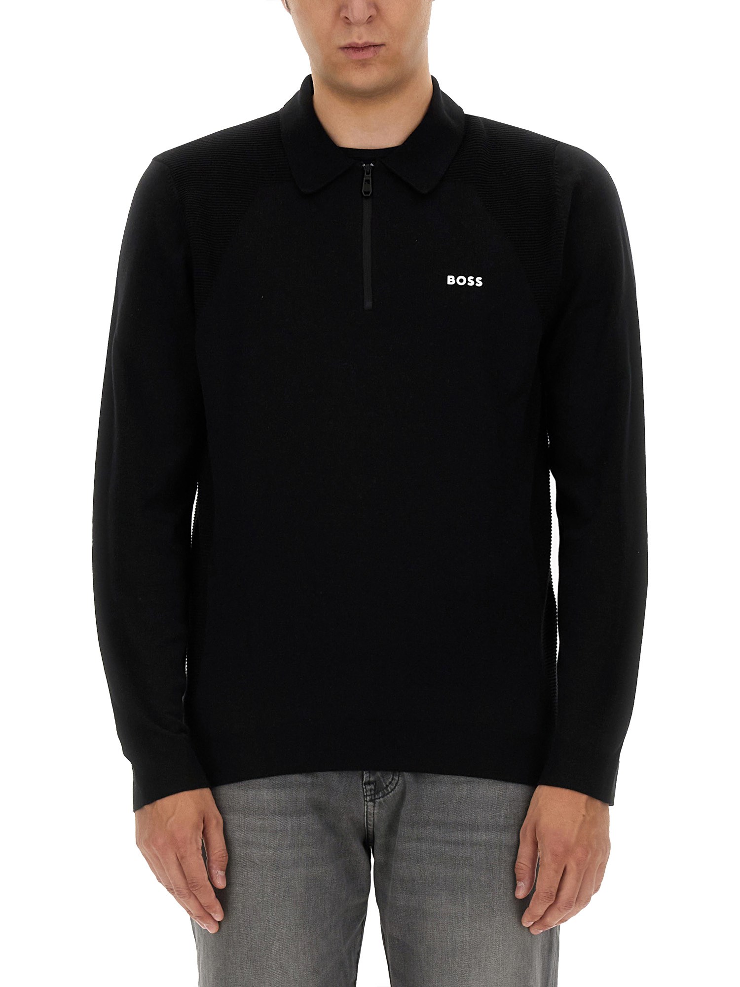 Hugo Boss Zip-neck Sweater In Stretch Fabric With Contrast Logo In Black