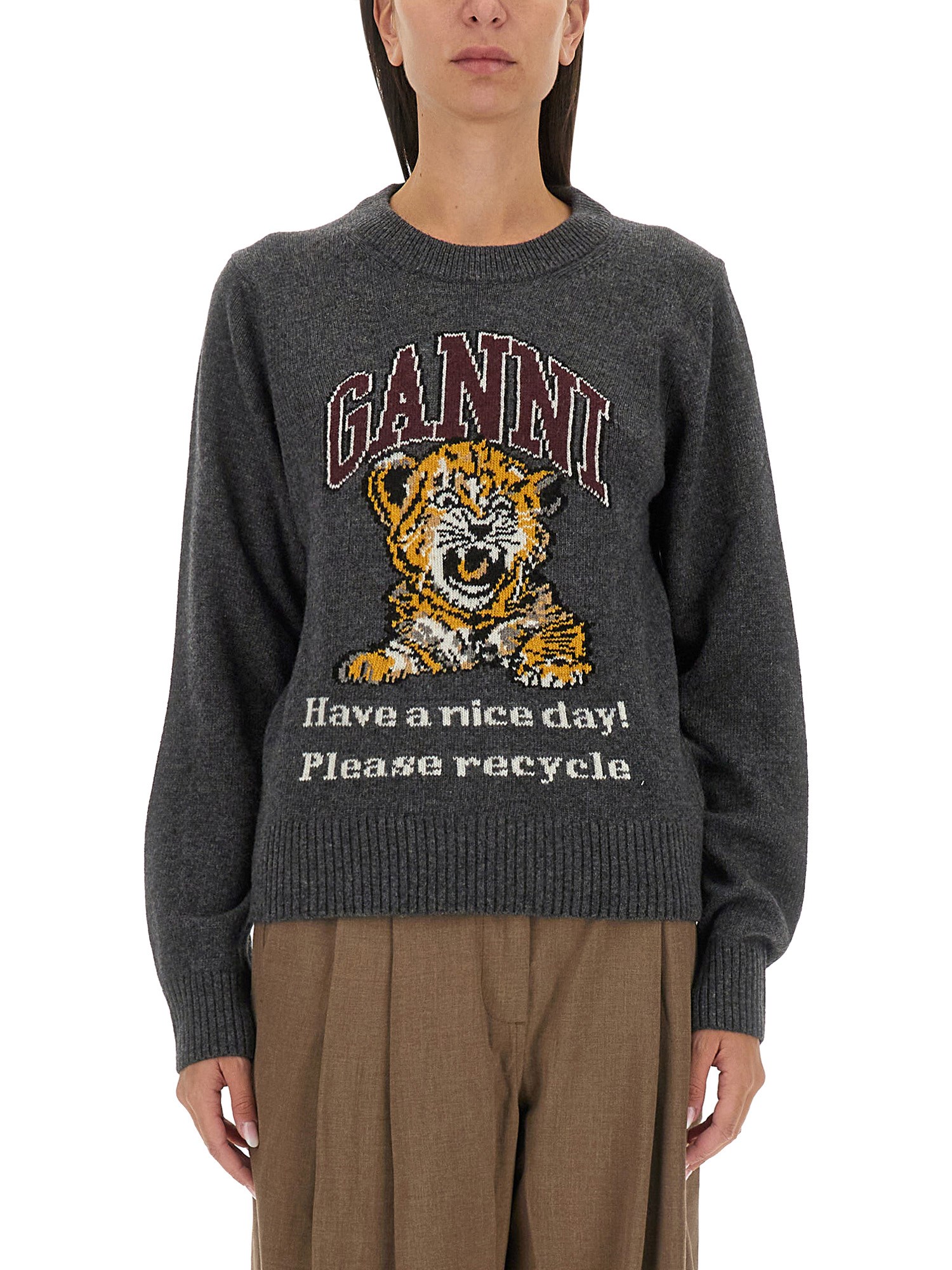 Shop Ganni Jersey With Logo Embroidery And Tiger In Black