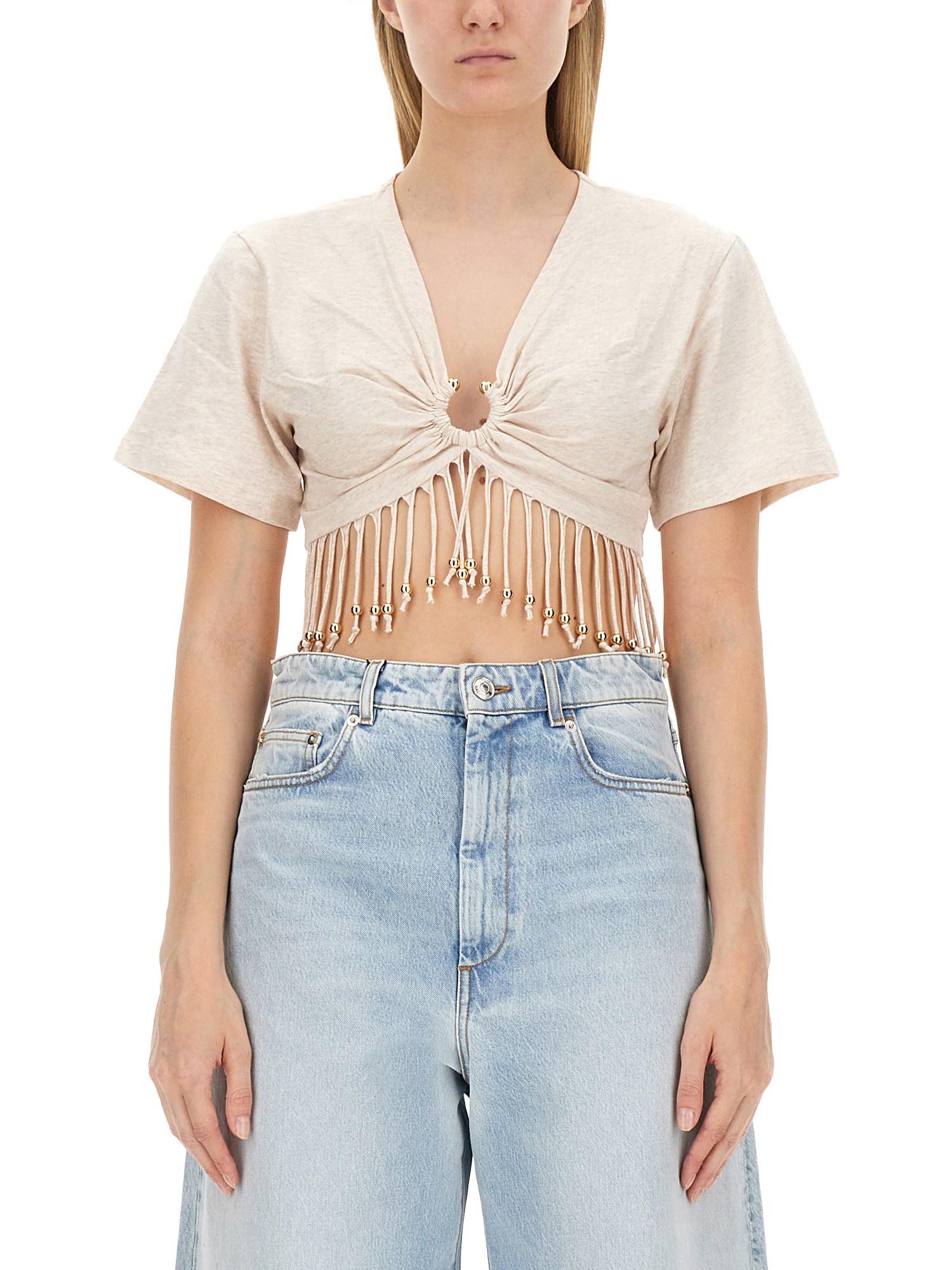 Shop Rabanne Fringed T-shirt In Powder