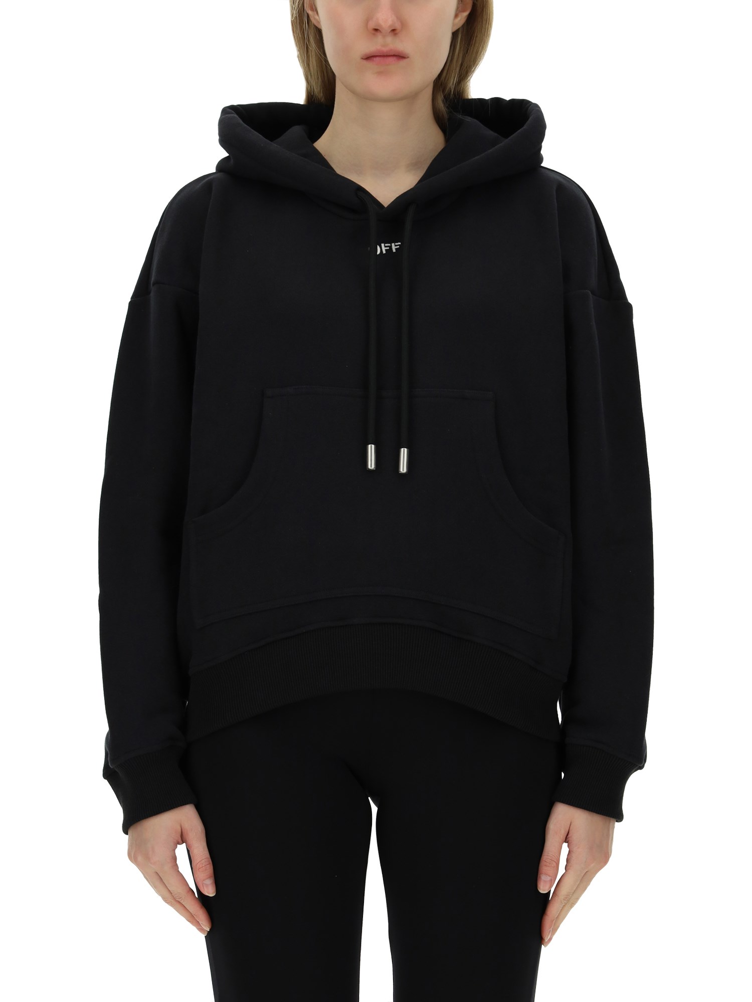 Off-white Hooded Cotton Sweatshirt Kangaroo Pocket In Black