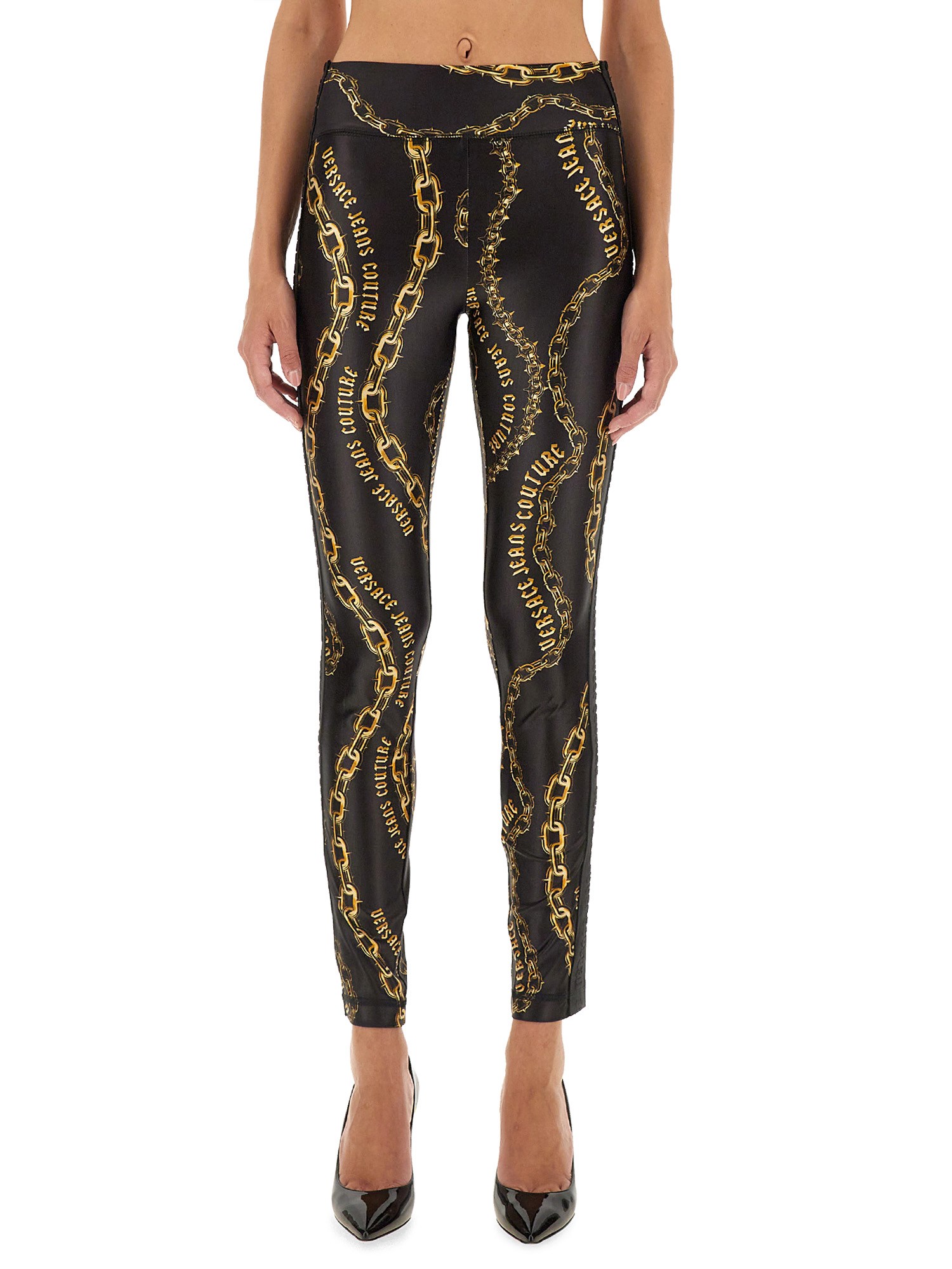 Shop Versace Jeans Couture Leggings With Logo In Multicolour