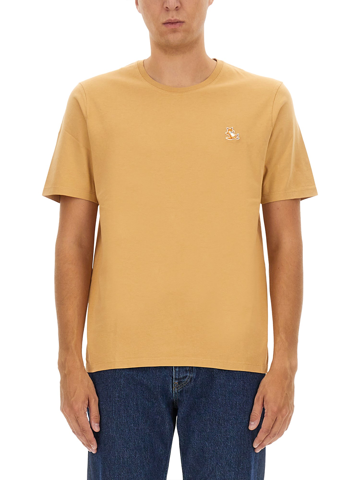 Shop Maison Kitsuné T-shirt With Logo Patch In Beige