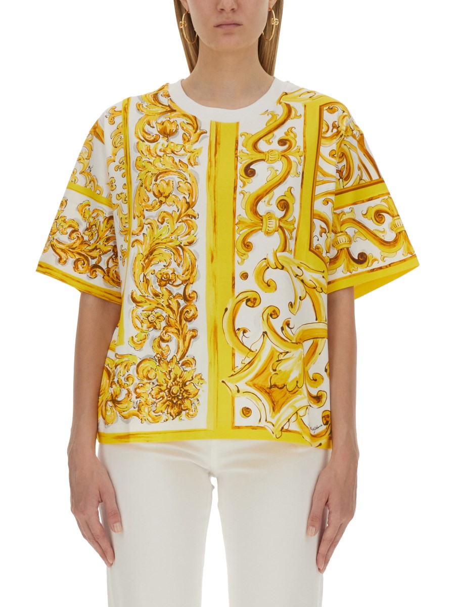 DOLCE & GABBANA T-SHIRT IN JERSEY DI COTONE STAMPA MAIOLICA