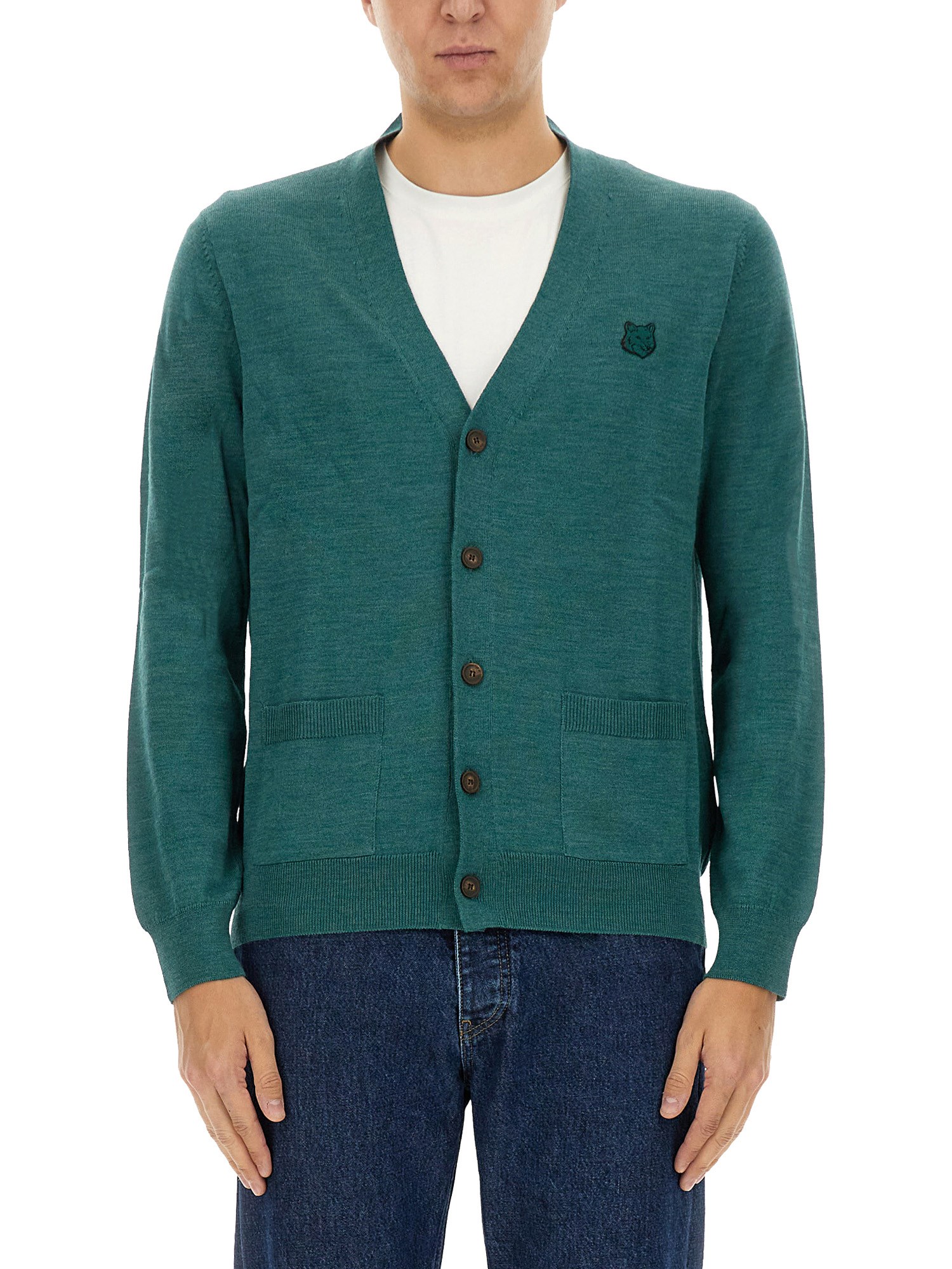 Shop Maison Kitsuné "regular Bold Fox Head Patch" Cardigan In Green
