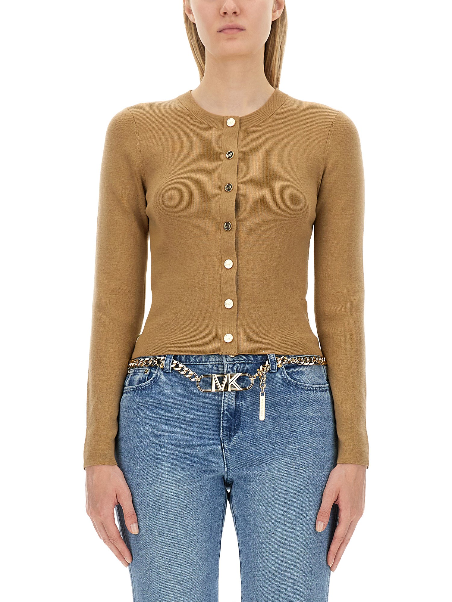 Shop Michael Michael Kors Wool Cardigan In Beige