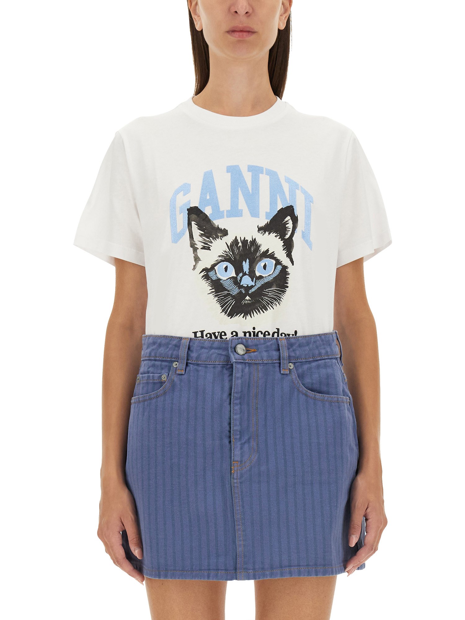 Shop Ganni Cat Print T-shirt In White