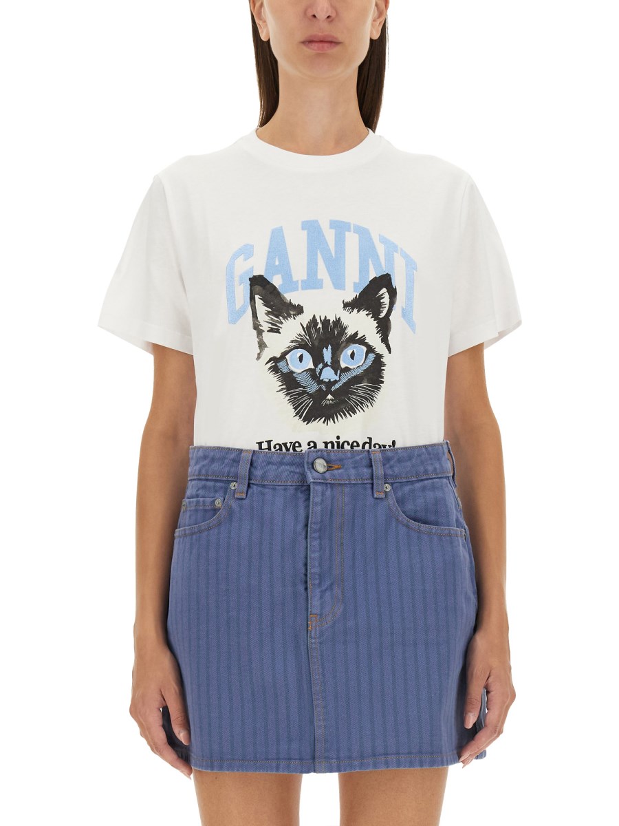 GANNI T-SHIRT IN JERSEY DI COTONE CON STAMPA CAT