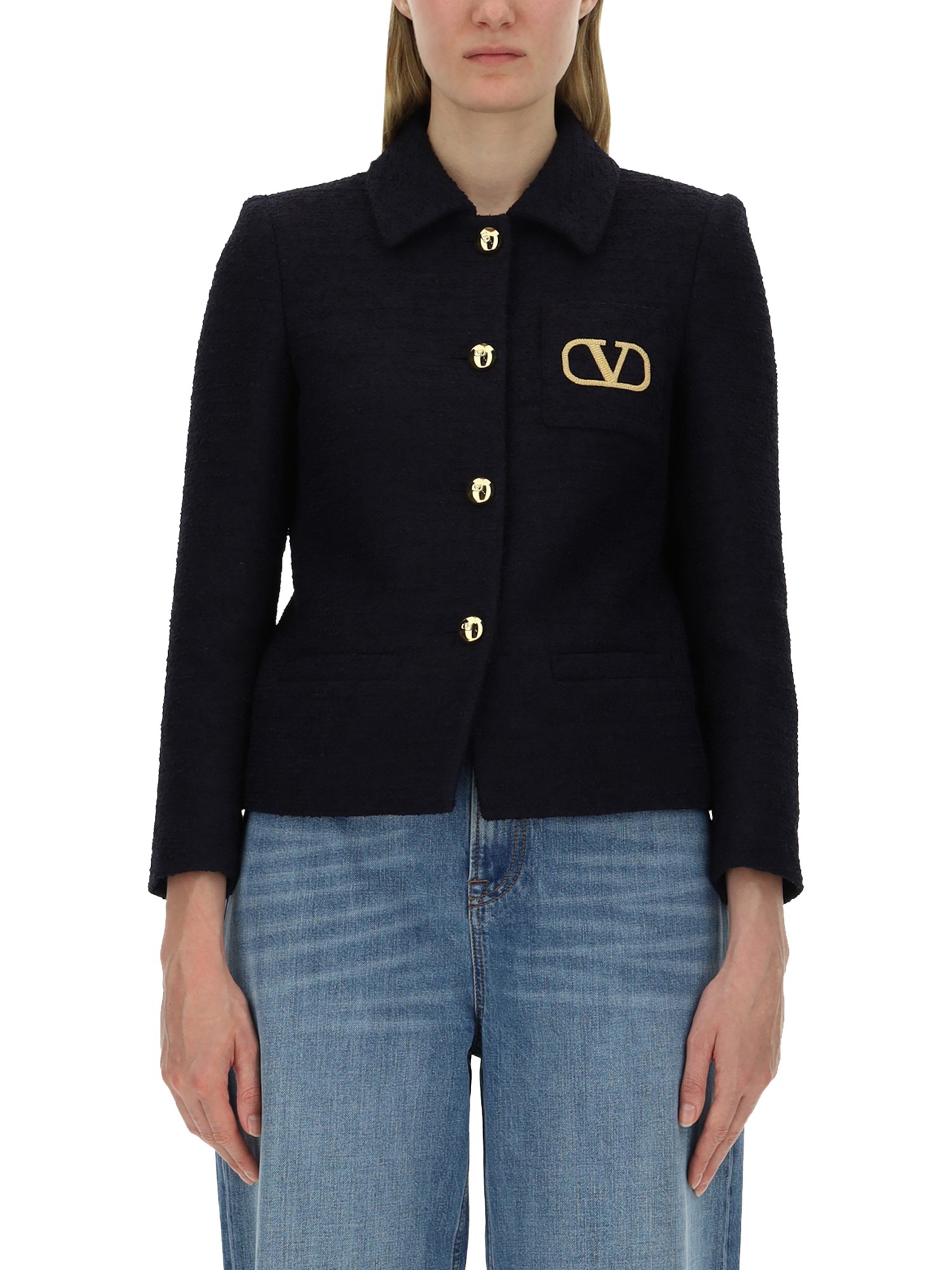 Shop Valentino Tweed Jacket In Blue