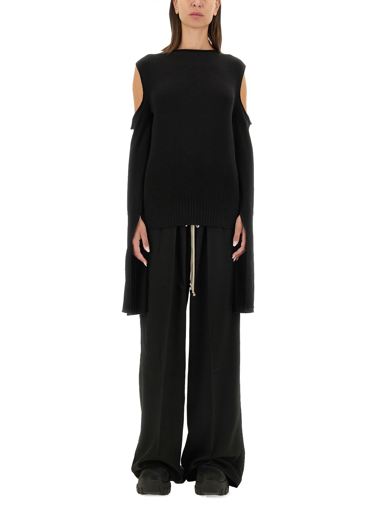 Rick Owens Long Sleeve Wool Knit Top W/cutouts In Black