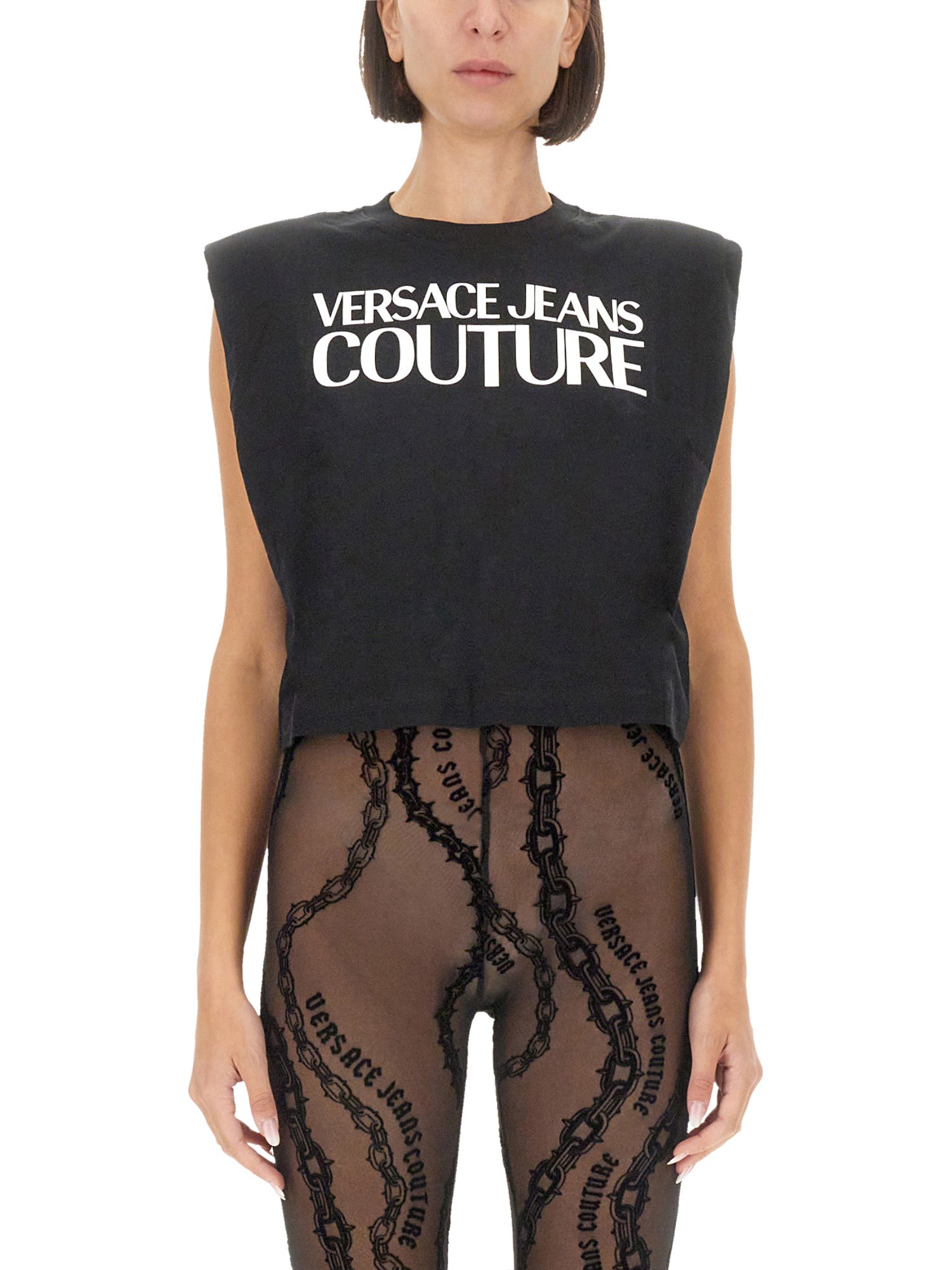 Shop Versace Jeans Couture Tops With Logo In Black