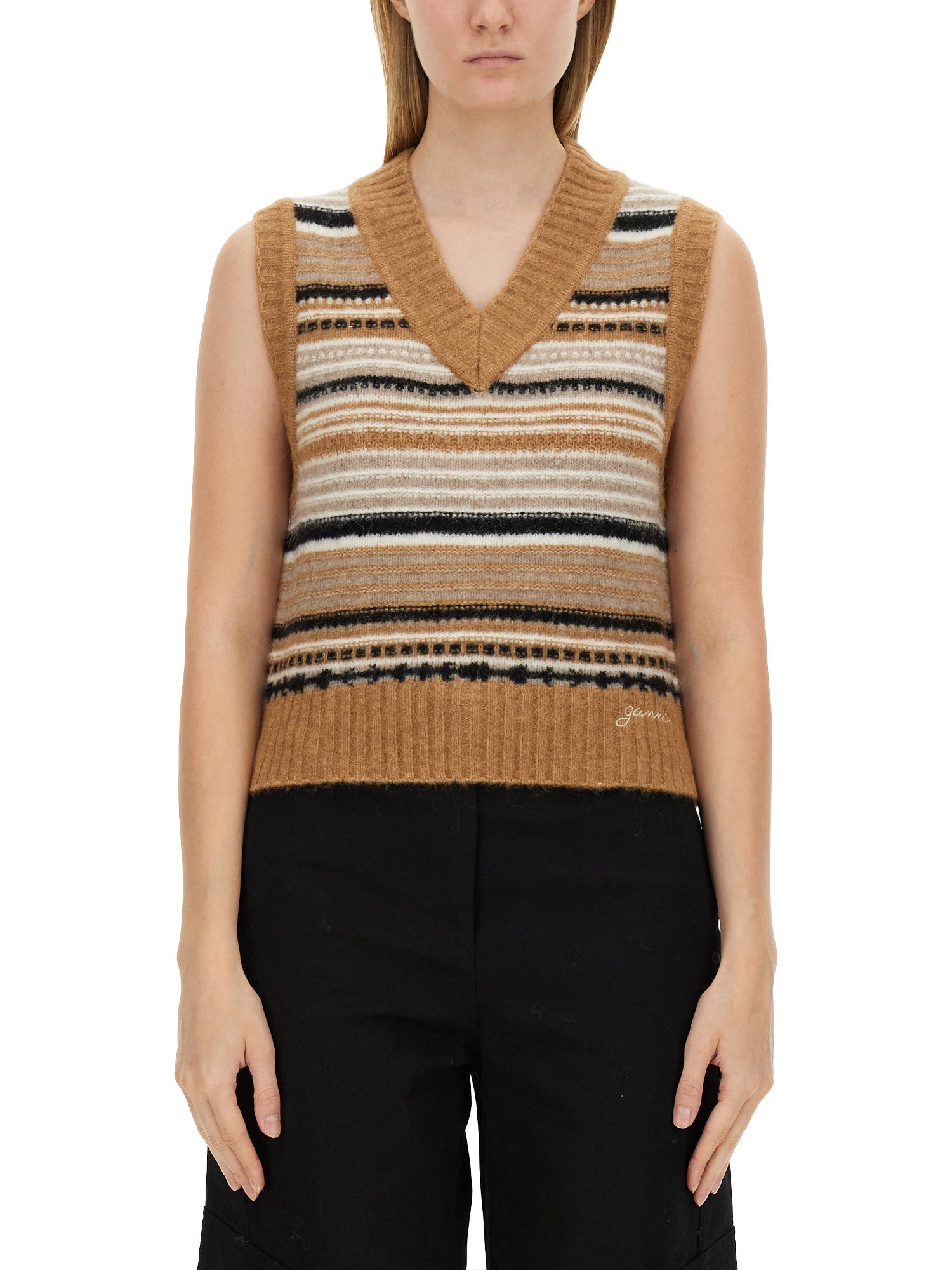 Shop Ganni V-neck Vest In Beige