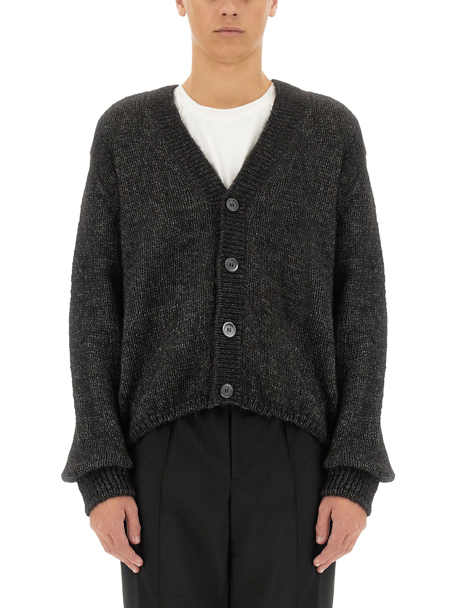 Our Legacy Textured V-neck Cardigan With Button-down Front In Black